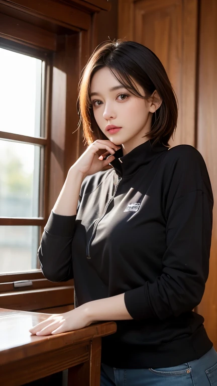 masterpiece, Best Quality, 8K, 20 yo, huge breasts, cuddly, Solo, sad, Cute, Girly, Delicate girl, Neat and clean beauty,  Raw photo, Professional Photography, Portrait, full body, front view, perfect body shape, Sophisticated, Film grain, (Eyes and faces with detailed:1.0), ponytail, short length floating hair, beautiful flowing hair, bangs, Oversized Sweatpants