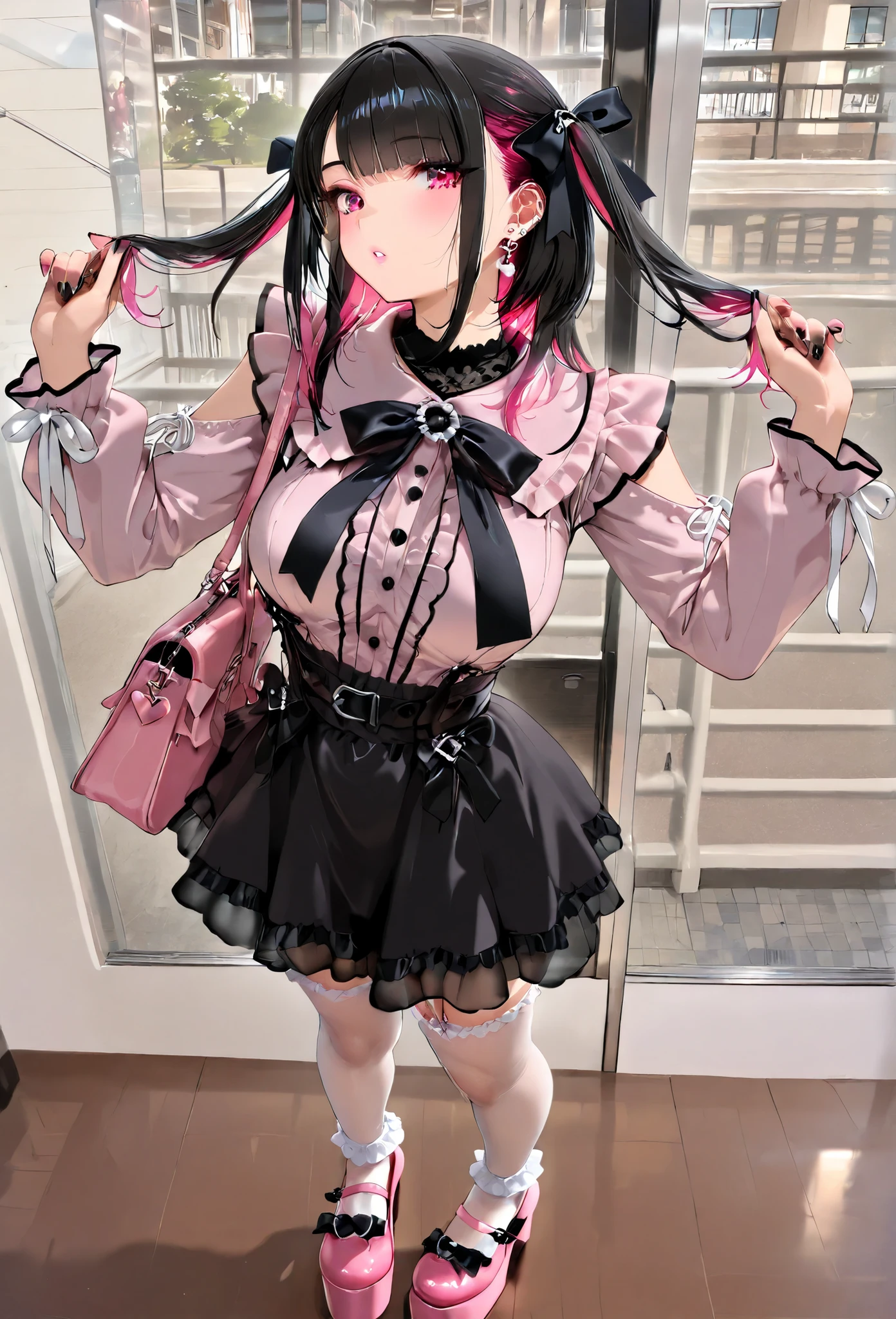 ((inspired by )),,(masterpiece, best quality),beautiful, beautiful-woman, ((detailed face)).(full body:1.3).,
,
1-woman.
(The woman is wearing jirai-kei fashion),(platform footwear). ,((jirai kei)), ((frilled lace-socks:1.2)),(colored inner hair),(colored tips),
White puff-sleeve blouse with bell sleeves detailed by vertical pintucks and eyelash lace trim at cuffs; Peter Pan collar edged in lace; layered underneath a grey corset-style mini dress featuring white ribbon lace-up front detail, scalloped ruffle trim at waist, and asymmetric peplum skirt with contrasting ivory ruffle underlayer; white sheer thigh-high stockings with lace tops and small ribbon bows; proposed ivory patent leather Mary Jane platform shoes with single strap and rounded toe,