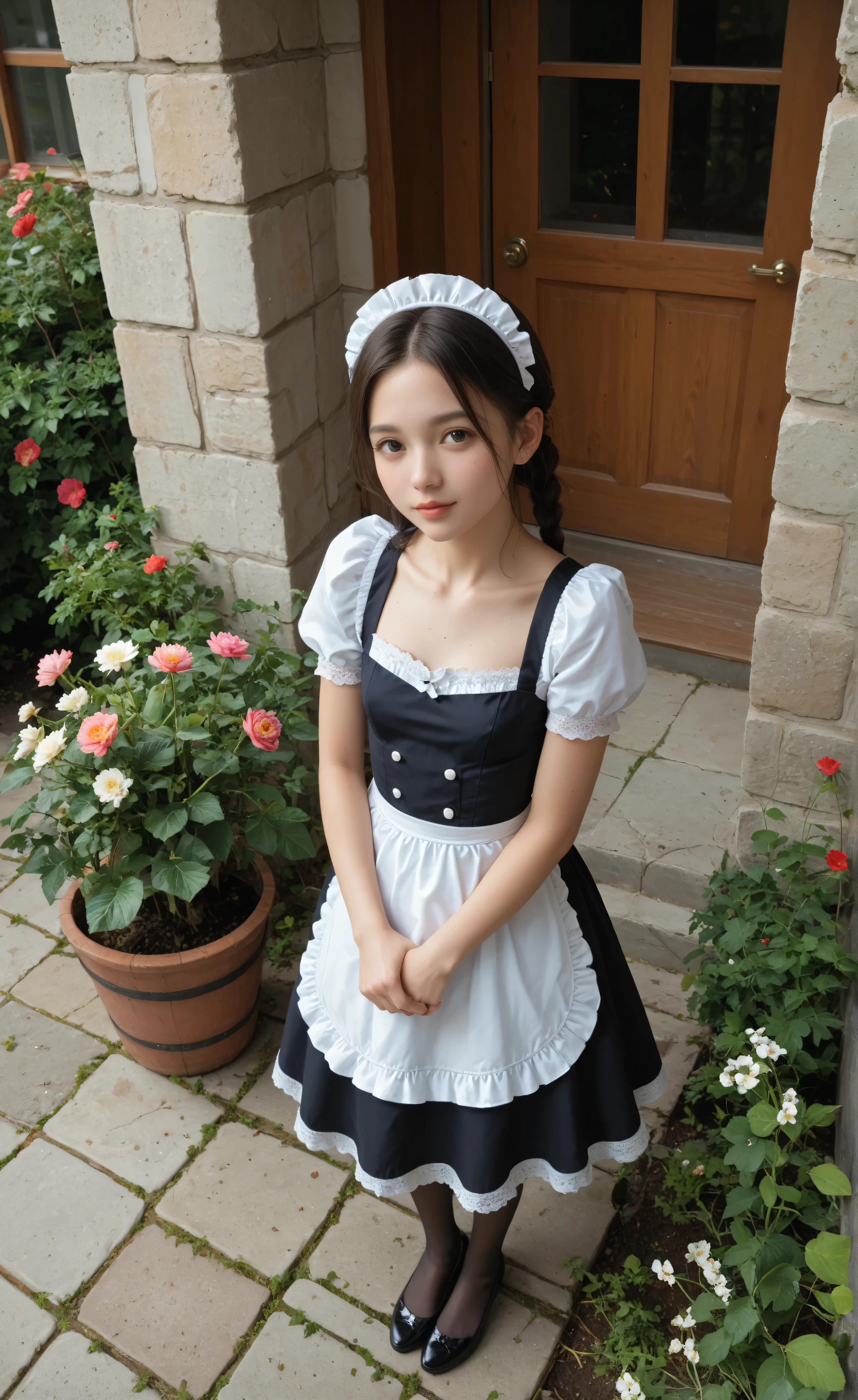 1 Girl、maids,Watch viewers,(skinny:0.64),(younger:0.60),from above,slouching forward,(big boobs:-0.38),is watering flowers outside the mansion,japanese,(Smile Yang:0.24),black lace stockings