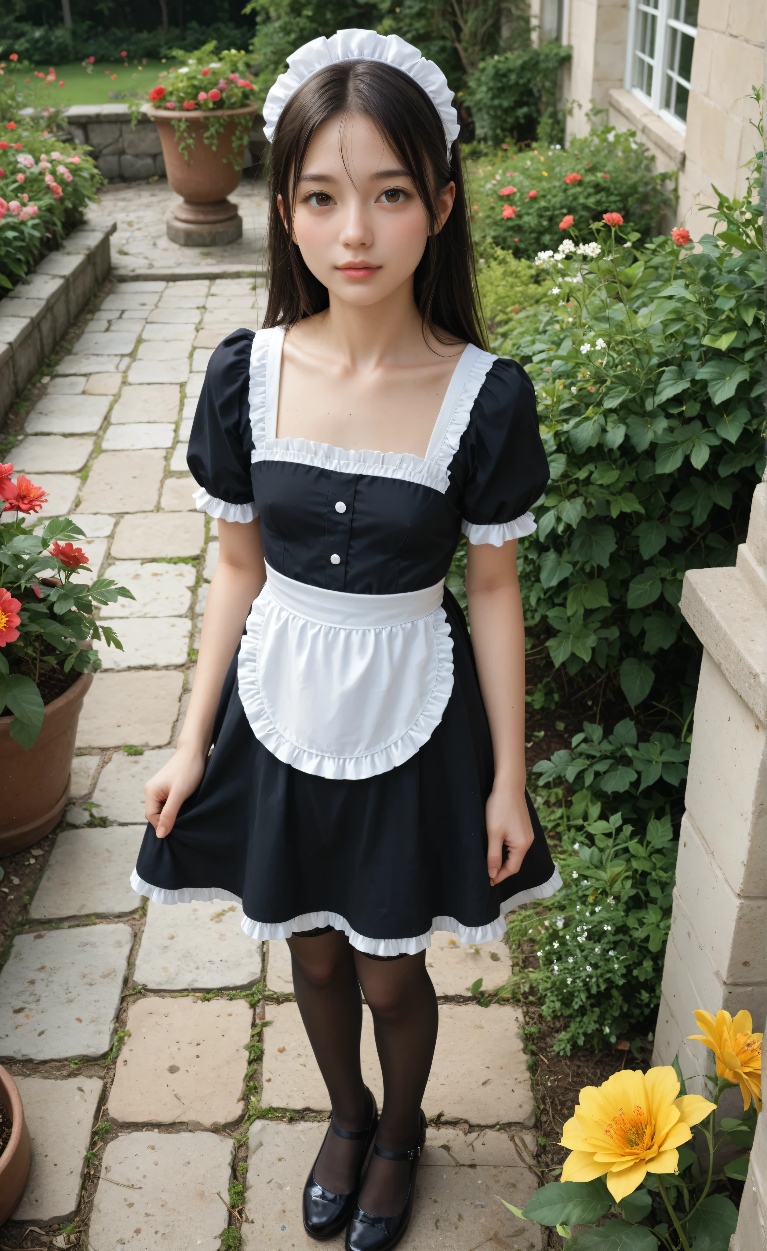 1 Girl、maids,Watch viewers,(skinny:0.64),(younger:0.60),from above,slouching forward,(big boobs:-0.38),is watering flowers outside the mansion,japanese,(Smile Yang:0.24),black lace stockings