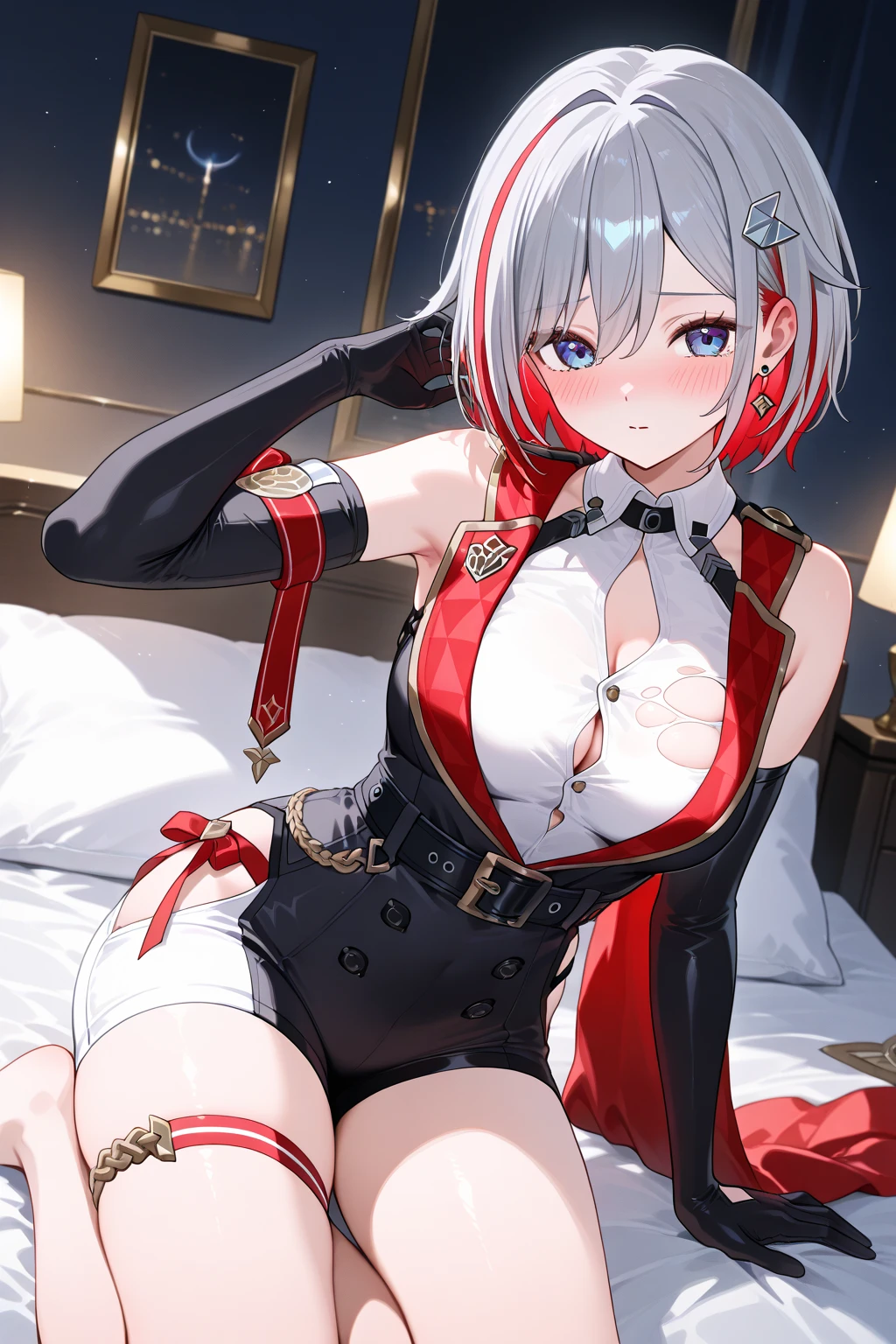 1girl, topaz \(honkai: star rail\), solo, black gloves, thigh strap, hair ornament, unitard, detached sleeves, badge, side cape, belt, cowboy shot, bedroom, depth of field, sitting on side of the bed, reclining, arm support,  gasping, ,  smile, masterpiece, , thights,  shape,  pose,