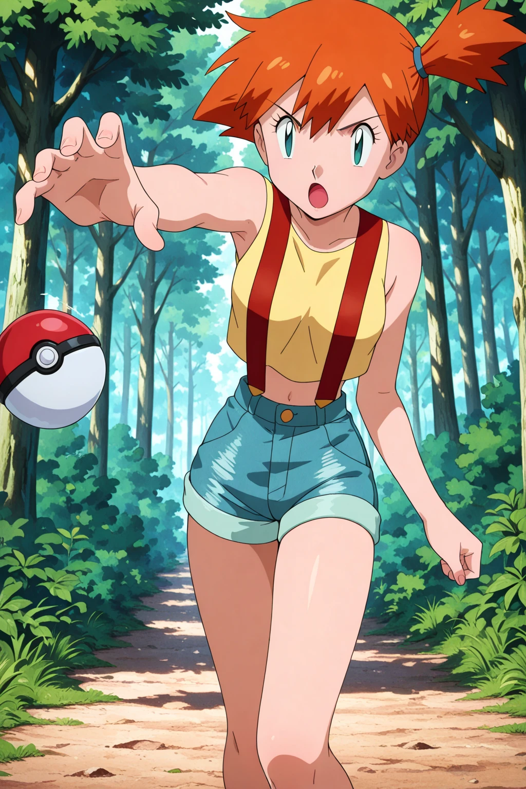 missme denim shorts, studded belt, [fleur-de-lis:poke ball print:8], fine fabric emphasis, from behind, looking back, anime screenshot, 1girl, solo, misty, side ponytail, large breasts, blush, naked suspenders, topless, hands on hips, , forest, tree, sky, <lora:mistyil:1>,
<lora:MissMe_IL:1>, masterpiece, best quality, newest, absurdres, highres