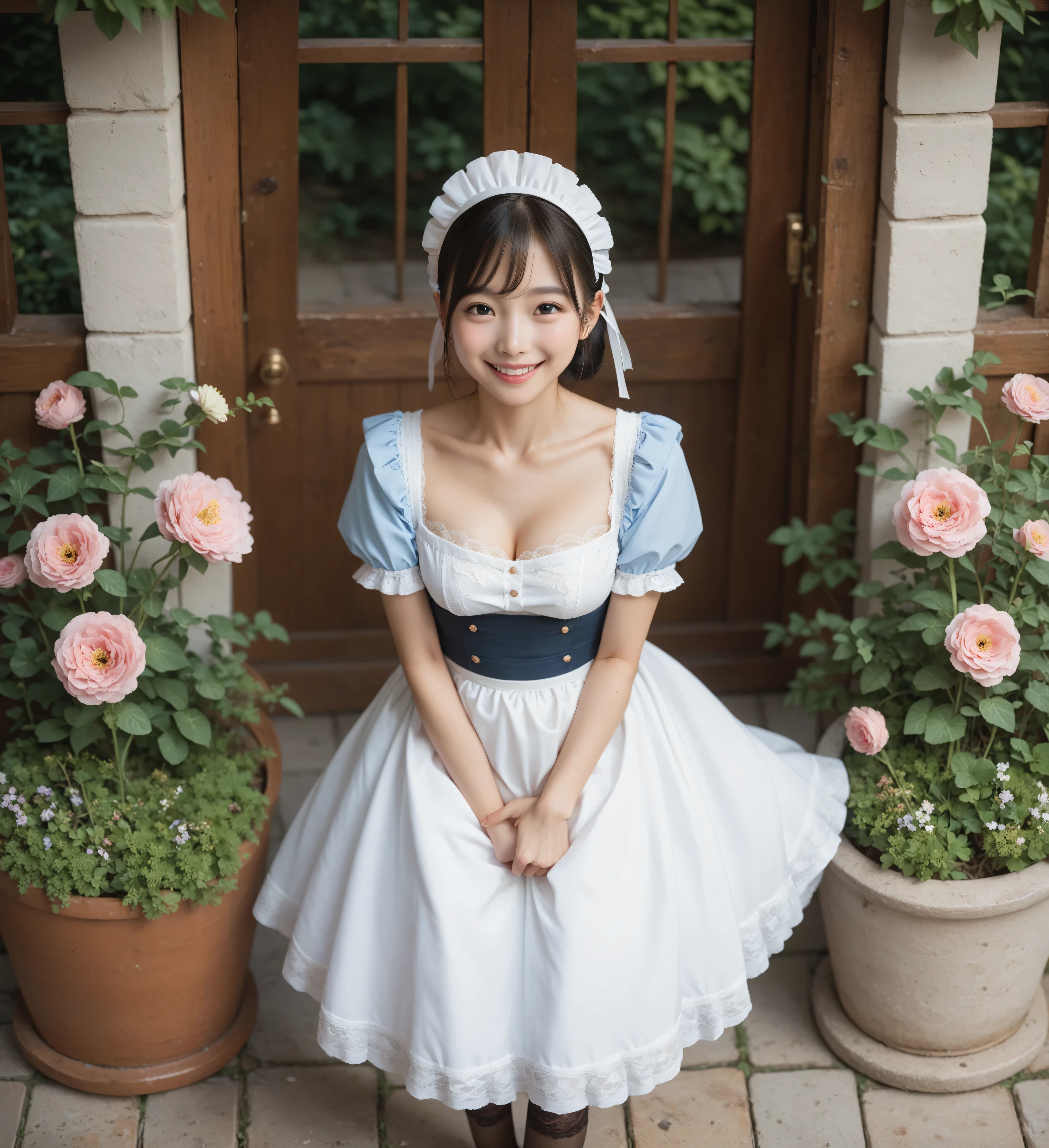 1 Girl、maids,Watch viewers,(skinny:1.19),(younger:0.95),from above,slouching forward,(big boobs:0.06),is watering flowers outside the mansion,japanese,(Smile Yang:1.05),black lace stockings