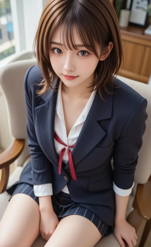 (8K, RAW Photos, Highest quality), Stand in the classroom of school, (((((((One woman))))))), ((Brown Hair)), ((Long Bob Hair)), ((Detailed eyes)), ((smile)), ((Red tie)), (((Dark blue closed blazer))), (((A blue plaid pleated  that wraps around the hips))), Asymmetrical bangs, 楽しそうなsmile, Thighs, knees, Random pose，pretty girl，Slender girl