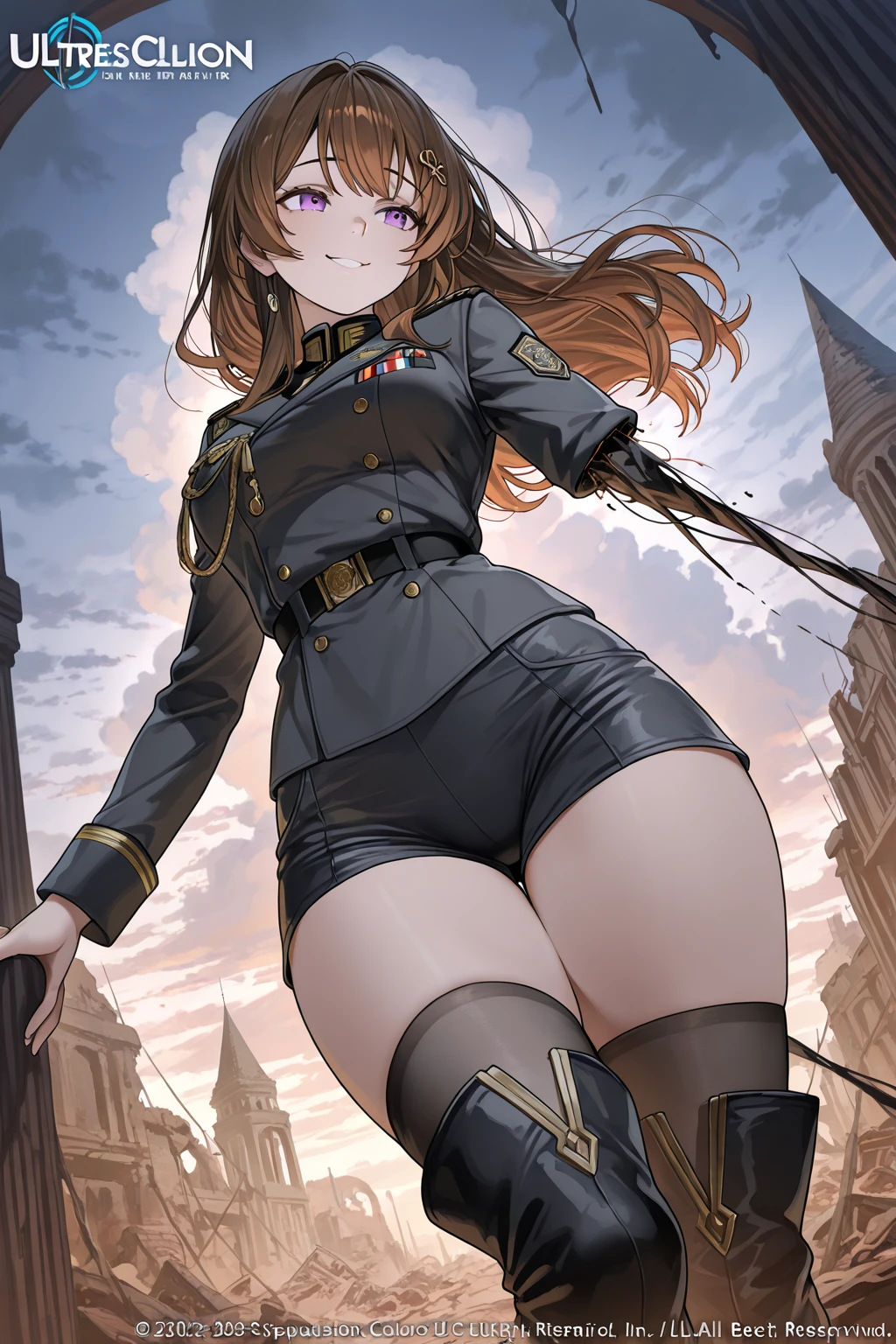 Content:
An anime-style image of a female soldier in uniform. She has long brown hair and black skin, with brown eyes. Her uniform takes loose inspiration from German military uniforms, without any medals or a hat.

Medium:
Digital art, anime illustration.

Style:
From Girls' Frontline, Girls' Frontline style, fine details, Girls' Frontline CG, official character art by Fujita Goro.

Lighting:
Soft, natural lighting to emphasize her features and the details of her uniform, creating a balanced and realistic look.

Colours:
A palette of military greens and browns, with subtle highlights to bring out the texture of the uniform and the character's features.