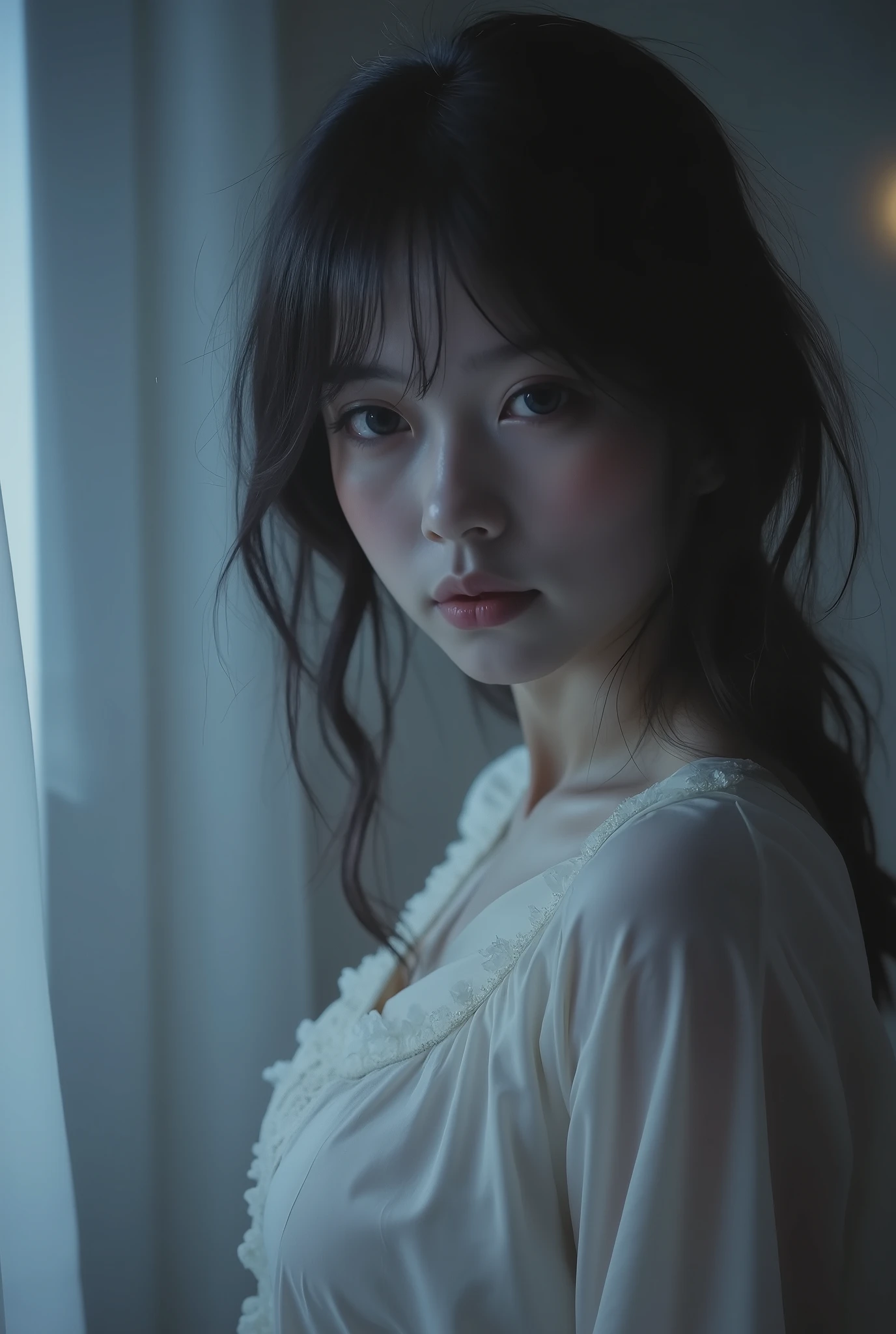 On the set of the horror movie、paint a beautiful yet creepy portrait of a Japanese actress. She has ghostly white skin and dark purple lips, It exudes an eerie vibe. Her Long, has messy black hair hiding part of her face, She is eating ramen . She wanders through her bedroom, wearing a long white dress, thick foggy ceiling