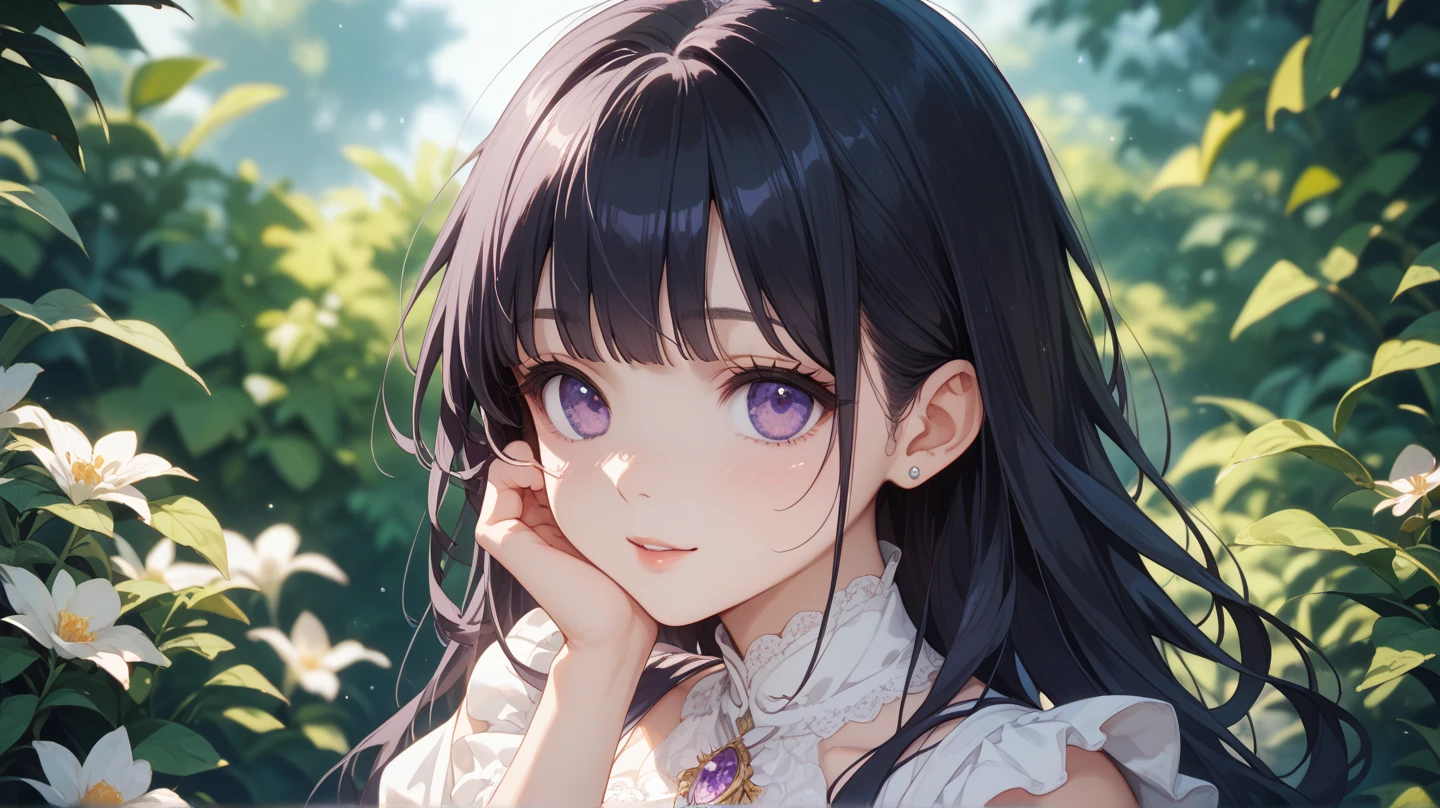 1girl, wearing a saintess clothes, dark-purple hair style split flowers, sharp blue eyes, she is , her hair is tied up beautifully with a cute clip, beautiful scenery art colour ((37 year old face)) ((no multiple people))
