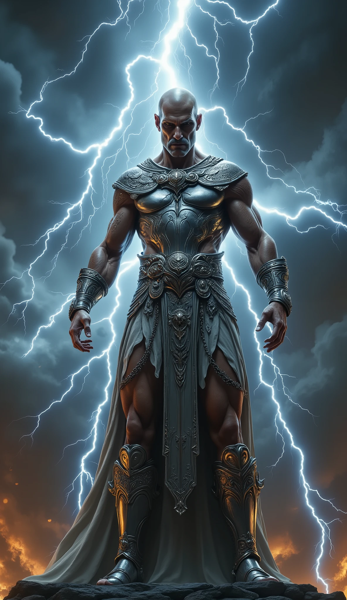 General,highres, ultra-detailed, best quality, Zeus, lightning background, shining silver amor, skinny, bald hair, imperial moustache, sandal
