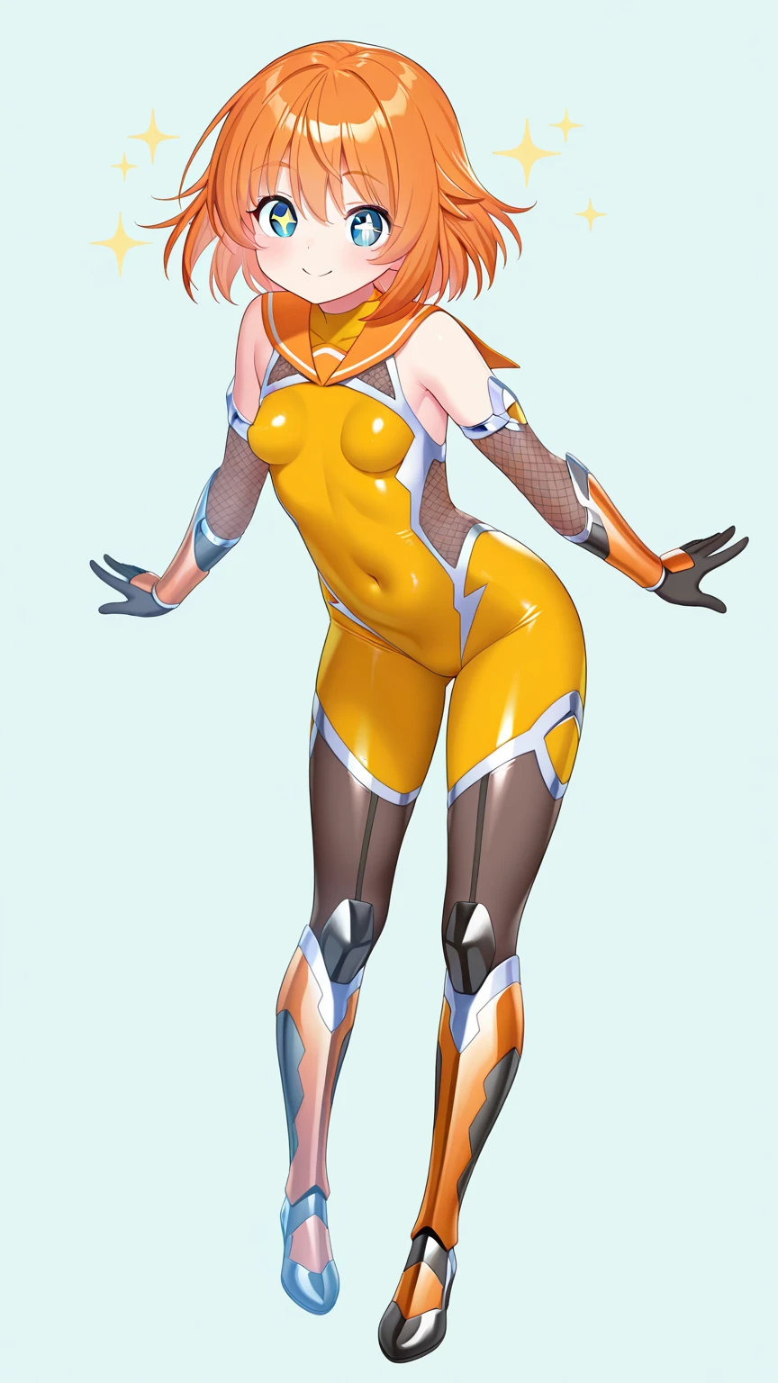 Full body, masterpiece, 4k, high quality, beautiful lighting, dynamic lighting, smooth detailed skin, black leotard, long sleeve leotard, exposed legs, long black hair, smiling, seductive smile, blush, young, very short hair blue, loli, ?????????, ????, seductive, highly detailed, shiny skin, dark plain background with orange gradient, plain background, cyberpunk style