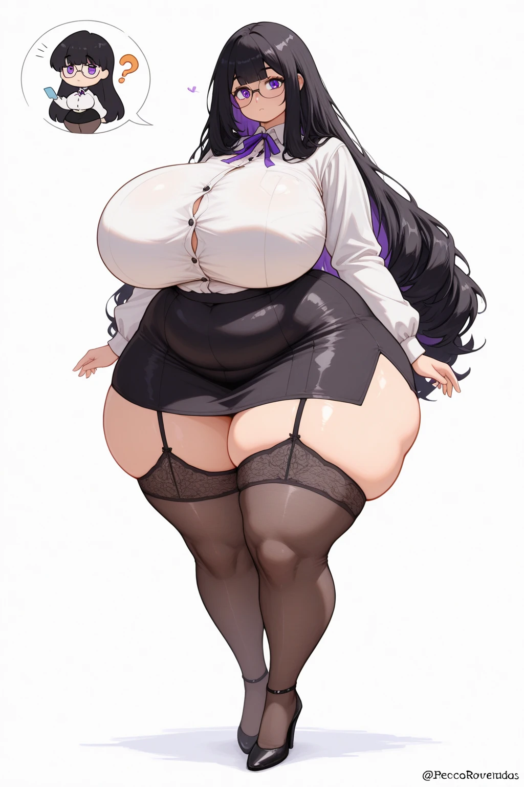 (solo) female , black long fluffy hair, woman (:1.5), attractive, goth, purple shirt, tight black skirt, lab coat, grey pantyhose,   fit body, thicc, freckles, freckles on face, smug eyes, (happy expression), she is standing look to the viewer , violet background, simple background, thick thighs  (front view) high heels (((low angle view)))