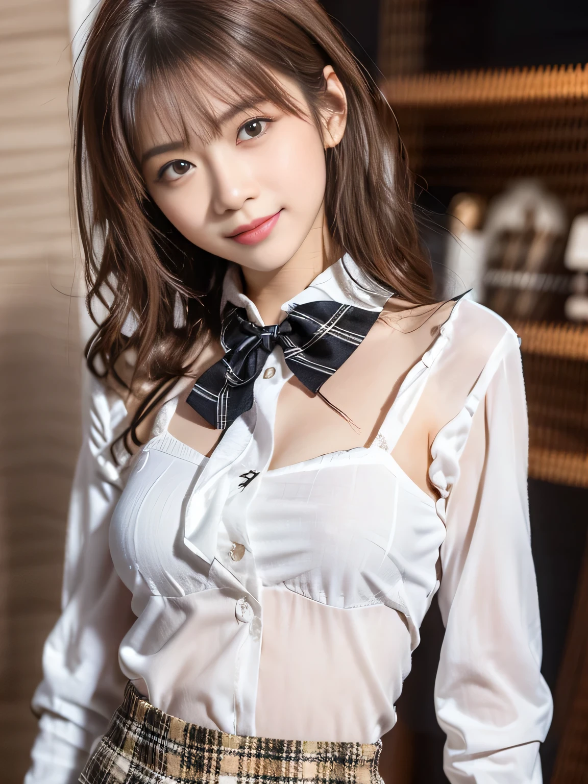 (Best quality, 8k, 32k, Masterpiece, UHD,:1.2),RAW, 1girl,ultra cute , natural lighting, shining eyes, 20yo,medium breast ,fair complexion ,flushed face, dynamic angle, ((black rabbit ear, Unbuttoned White shirt, plaids skirt、garter stocking,  )), classroom, sitting on desk, afternoon, embarrassed smiling, soft breasts, (spreading legs, White  and  in floral pattern)