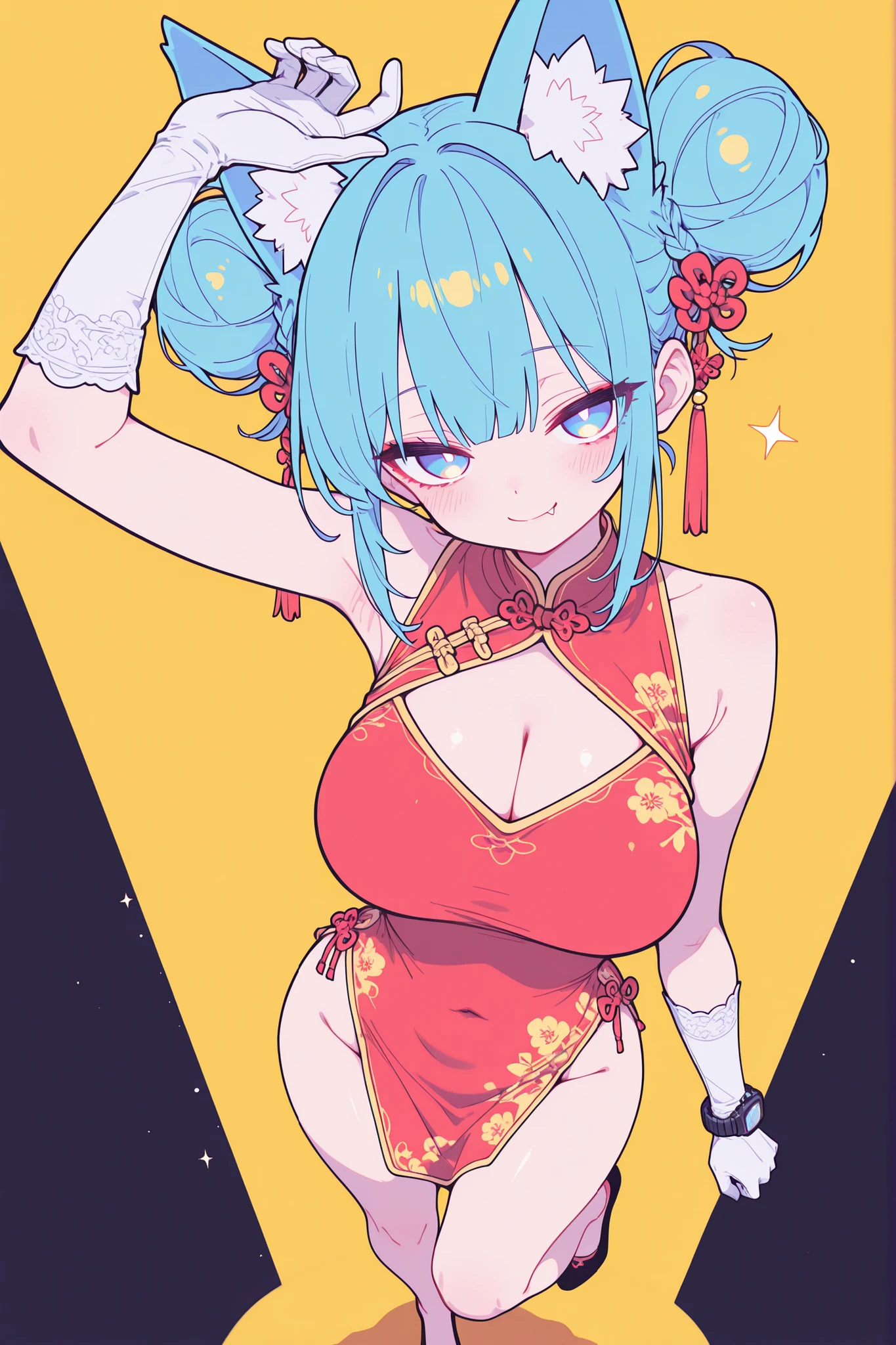 {masterpiece, top quality, flat at honnyカラー, Colored pencil\(Heavy \), good anatomy, Good perspective, 超High Resolution, Line art, absurd, High Resolution, great quality}, natural light, great quality, Thick Line, Thinker's Line, (hand fixer), OTZZK, flat at honny, Flat vector illustration, flat at honnyライン,} adult woman, Yellow Toned Background, Seductive Dynamic Pose, Both shoulders exposed, Red Sleeveless China Dress, sharp chin on the front of the leg, Thin face, pretty face, anime style, Eye focus, charming eyes, detAIled eyes, Dynamic Closeup Shot View, Watch viewers, Focus on Thighs, seductive expression, summer night color palette, Smile Yan, Searching for lip focus , {ONE GIRL, Beautiful Women, pretty face, Chinese Type, double bun hAIr hAIrstyle,big breasts, blue eyes, blue hair, round eyes, wide eyes, charming eyes, wide hips, Thin Hoist,(curvy_figure, fitness, Spotlight)}, hAIz_AI,Such a Horrible Girl,niji_Siji 1,anime style,detAIled illustration、fox ears、WHITE LONG GLOVES、Full Body、groin、Armpit、side ponytail、 cleavage cutout、belly button、butt
