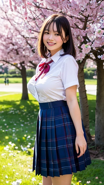 , 8K raw photo, Best quality, masterpiece, ultra high res, film grain, filmg, 1girl, looking at viewer, natural skin texture, realistic eye and face details, full lips, lipstick, (makeup), red eyeshadow, fluffy short hair, messy hair, smile, close mouth, beautiful legs, tall female, skinny, slim_legs, solo, enormous breast, cleavage, Pose with buttocks facing you, ultra short skirt, ass, shirt, beautiful nature location, around flower location, (detailed background), plaid skirt, white shirt, enormous breast, cleavage, Show a little cleavage through the shirt, loafers, blurry background, blurry, holding, plaid, short sleeves, jk ribbon on the neck, jk ribbon, brown hair, bracelet, water, bangs, , jewelry, parted lips, lips, from side, pleated skirt, depth of field