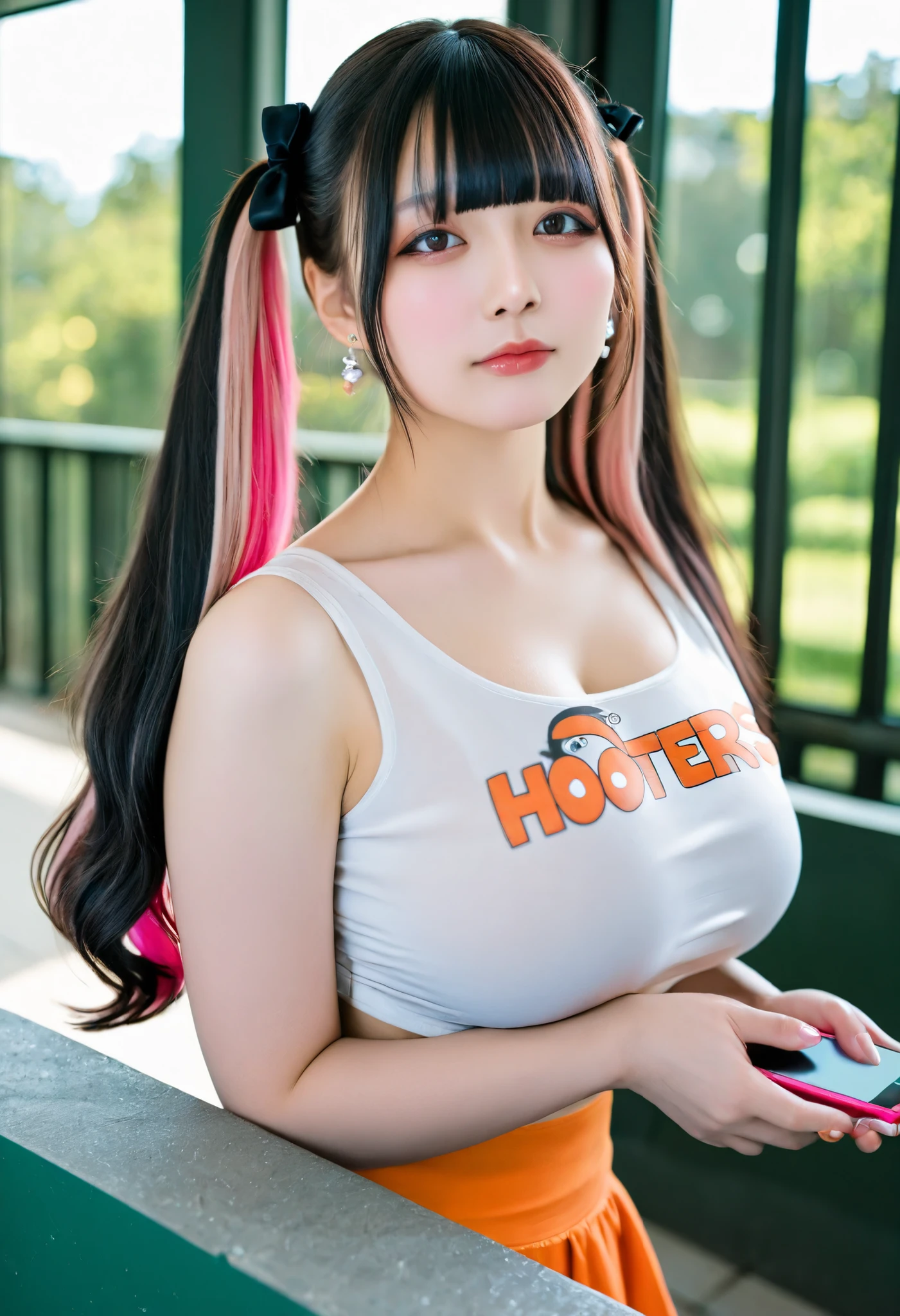 , 
jirai kei, jiraikei face, photography,a woman,(aegyo sal, tareme),solo, twintails,long hair, looking at viewer,jewelry, earrings, bangs, eyes, black hair,sleeveless tank top, pink hair, shirt, white shirt with hooters logo, crop top, blunt bangs, upper body, closed mouth,
dress, multicolored hair, holding phone, holding,smartphone,big saggy breasts,
closed mouth, bow, fine fabric emphasis,colored inner hair,multicolored hair,lace trim,lace,frills, ,
, large window,
(very awa,masterpiece,best quality,newest,highres,absurdres:1),real life, real life insert, real world location, night park,depth of field,bokeh,  (asian_japanese:1) cum facial, facial cumshot, bukkake(squat :1.4)