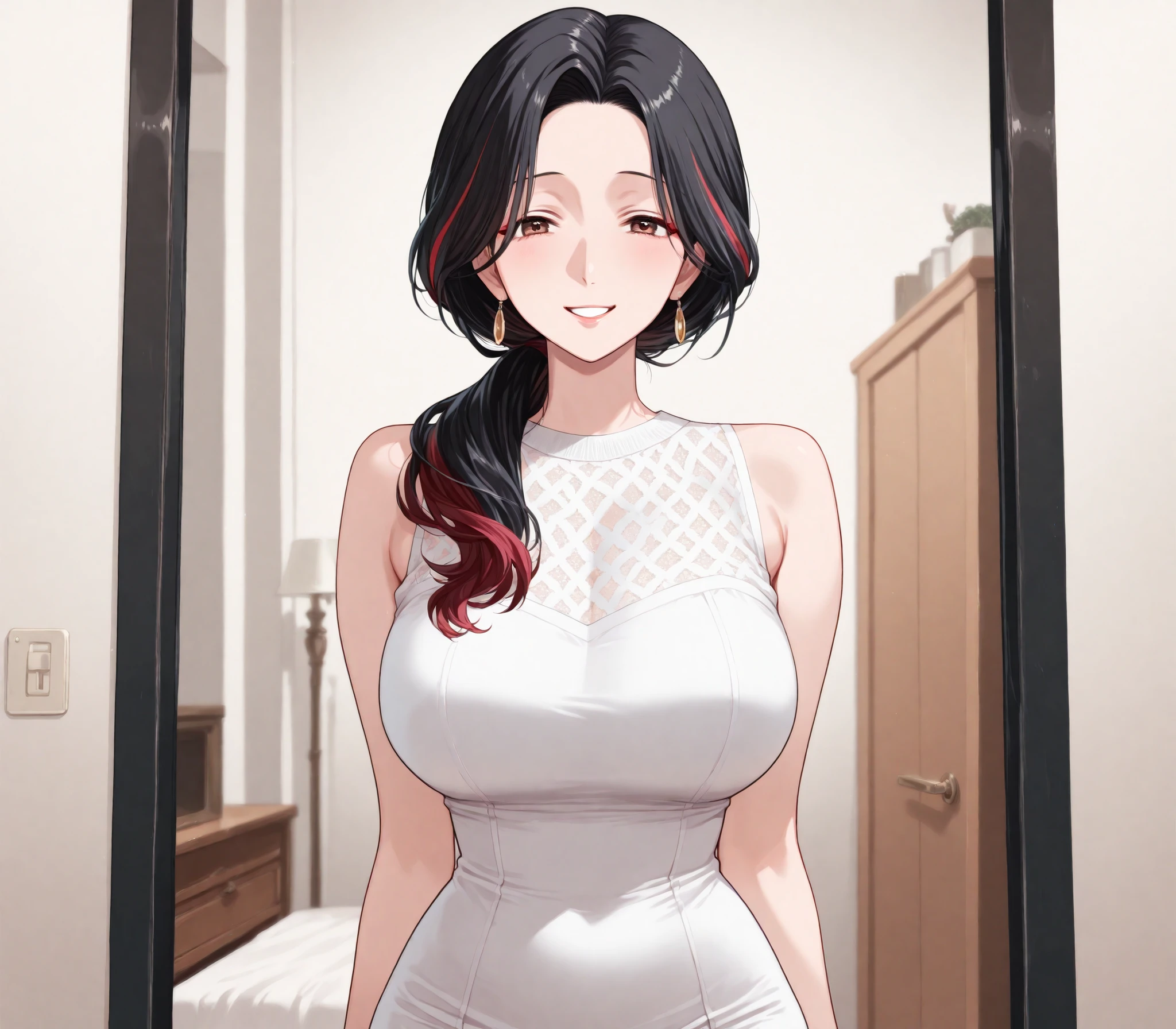 Miyuri, 1girl, large breasts, (black hair:1.5), white dress, home background, brown eyes, (MILF:1.3), slim waist, (smiling:1.2), standing, (red highlights:1.2)