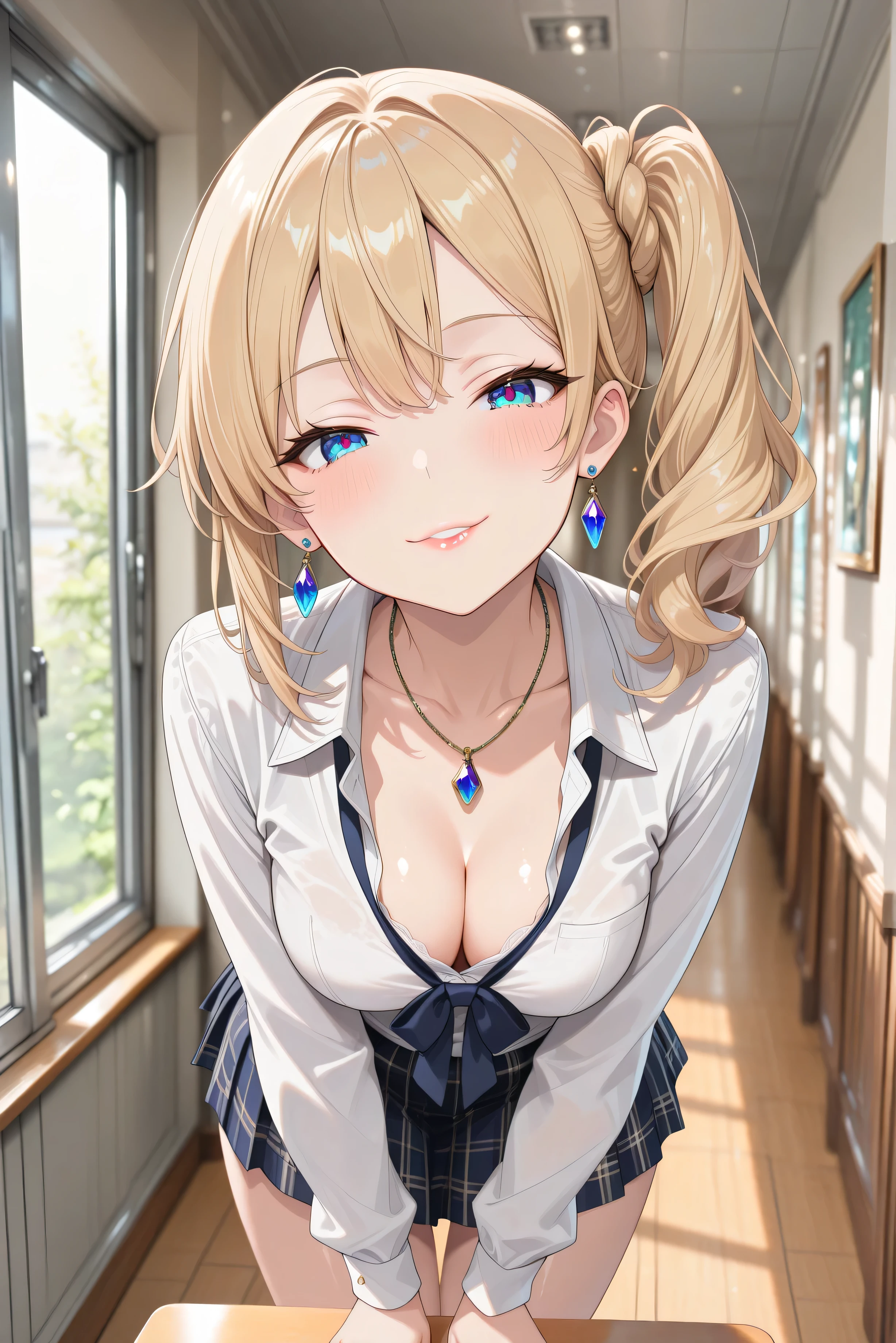 (((masterpiece))),(((best quality))),((ultra-detailed)),((an extremely delicate and beautiful)),(unity 8k wallpaper),(((super detailed skin))),(perfect anatomy),(intricate composition),((depth of field)), practical light, beautiful detailed eyes, 1girl, solo, looking at viewer, blush, (leaning forward), ((lip gloss)), ((seductive smile)), medium breasts, long sleeves, cleavage, jewelry, school uniform, collarbone, white shirt, side ponytail, blonde hair, earrings, pleated skirt, collared shirt, indoors, blue eyes, necklace, kilt pattern dark blue skirt, window, hallway, highly detailed, shiny_skin,intricate, crystal eyes, medium eyelashes, beautiful eyes, beautiful face, beautiful hair