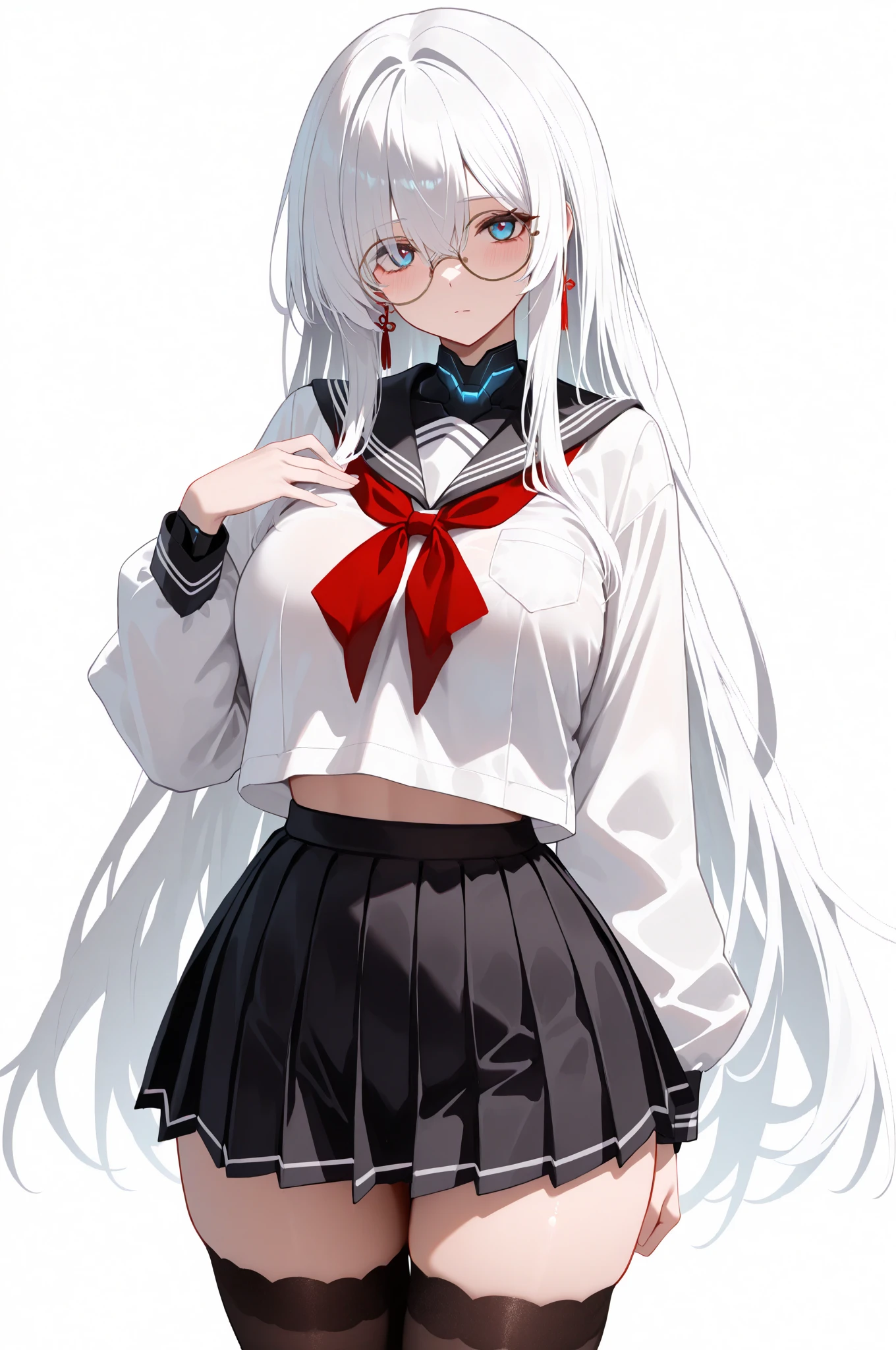 best quality, amazing quality, very aesthetic, absurdres, (1girl, mutsuki, blue archive, solo, red eyes, white hair, side ponytail), (realistic face:0.7),(sailor dress:2), (grin, lowleg bikini), (cowboy shot), (glowing eyes:1.1), (half closed eyes:0.9), expressive eyes, perfect face, 4k, extremely detailed anime illustration, extremely detailed eyes, perfect , light rays, extremely delicate body, smooth skin, (school background:1.5), clear eyes, beautiful face, small breasts,(anime style:1.5), (Chiaroscuro:1.5),  (highres:2), cinematic