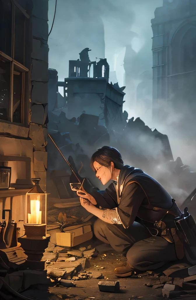 Alchemist in Ruins,Fantasy Alchemist,Posing Alchemist,Figure of an Alchemist,Alchemist Who Manipulates Medicinal Herbs,Alchemist who casts ancient spells,4K,High Quality,Realistic,Authentic,Watercolor tone,oil painting touch,Excellent Details,Vivid Colors,Refined Textures,Foggy Ruins,Mysterious Light,Dramatic Lighting,Fantastic Atmosphere,deep composition,Bokeh