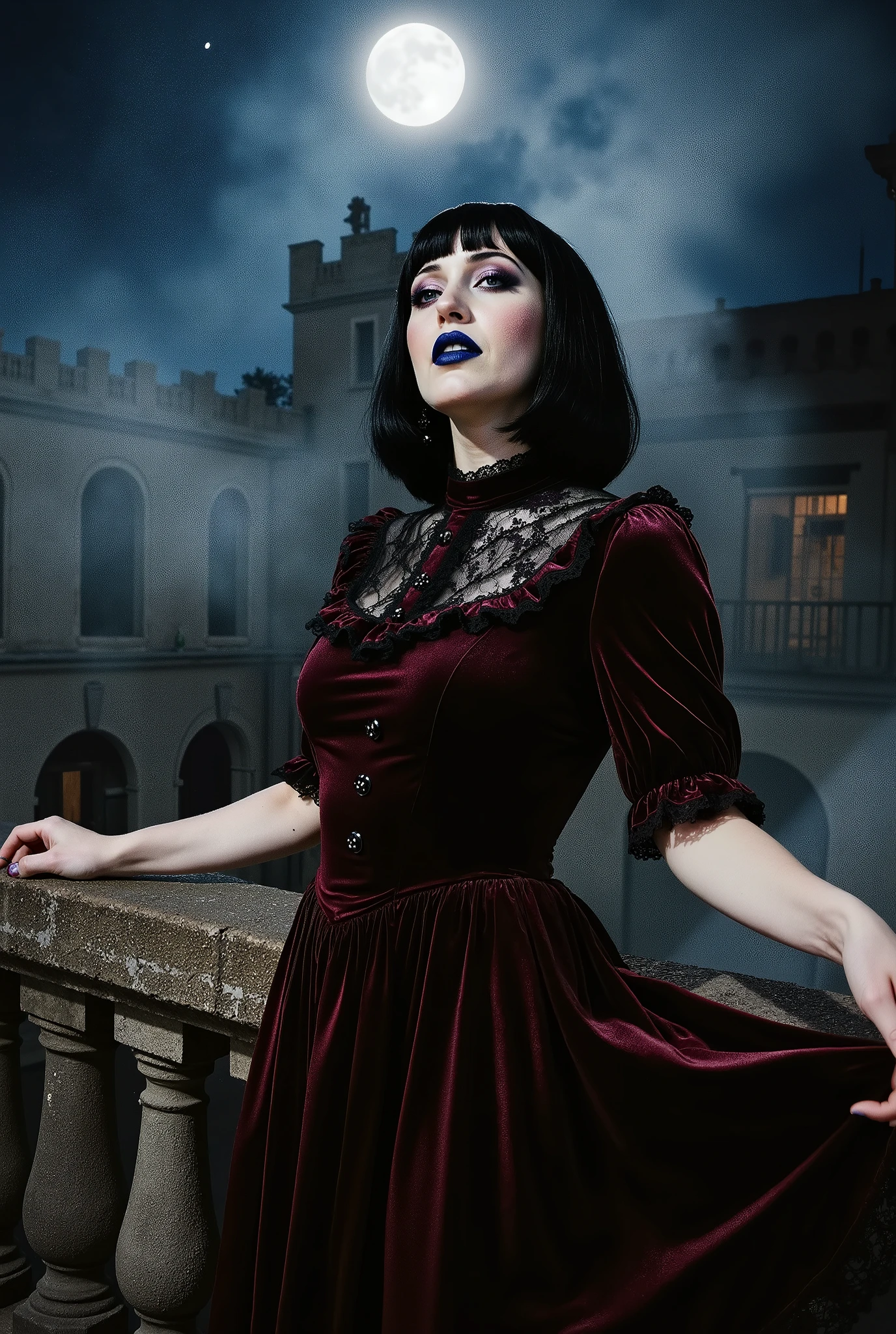 an expired film photograph of busty Goth woman seltene looking into the camera, with bob cut black hair, dark eyeshadow and blue red lips stands on an ancient stone balcony under a full moon, overlooking a misty gothic castle courtyard. She wears fc_gothicvelvetdress, burgundy velvet gothic dress with short puff sleeves, high ruffled lace collar, sheer black lace chest panel, decorative buttons, fitted waist, and flared skirt with black lace hem. Soft moonlight highlights the velvet texture as her hair flows in the night breeze. The scene glows with ethereal silver light and drifting fog, cinematic lighting, ultra-detailed, gothic romance aesthetic.