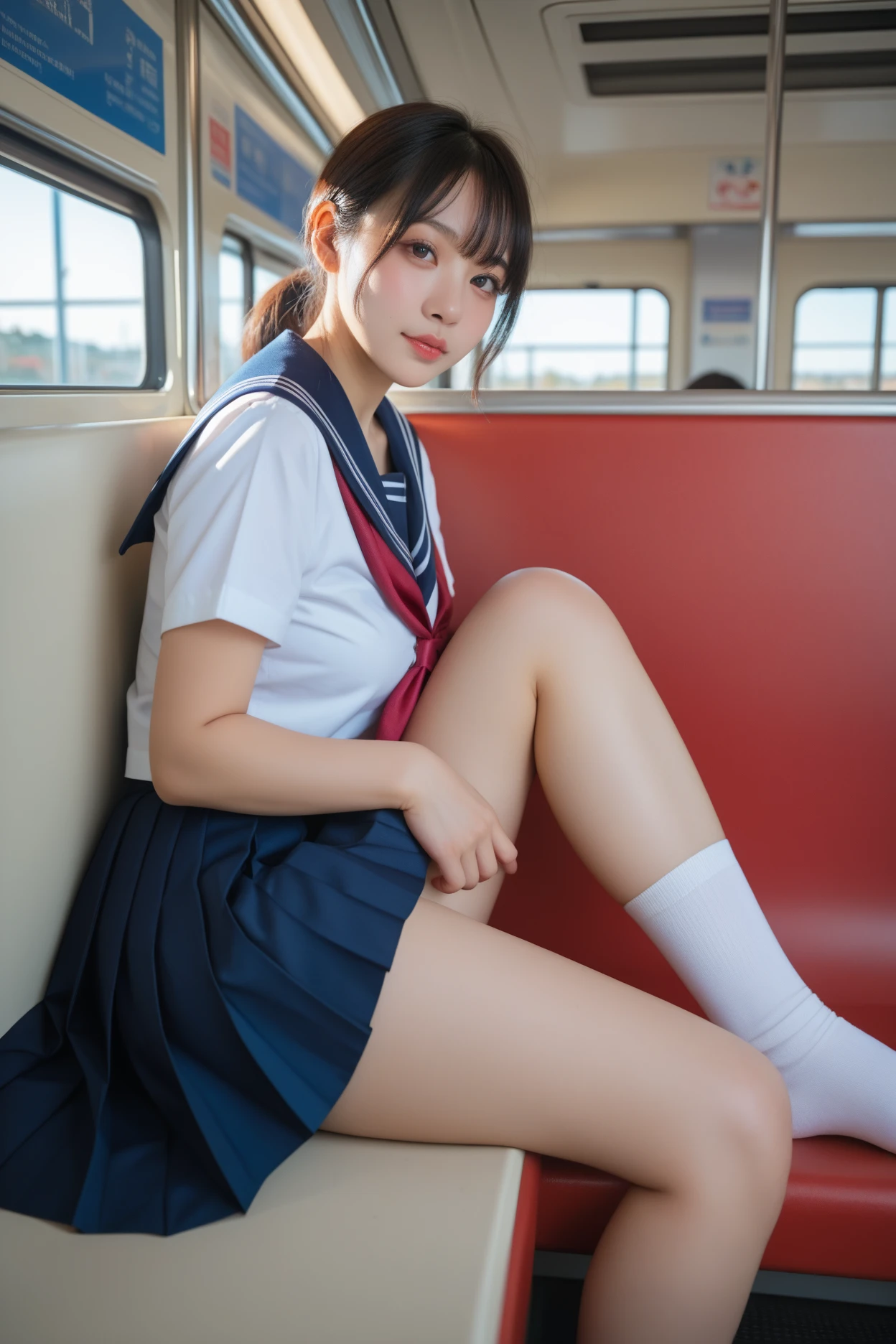 8k, RAW portrait (japanese woman), masterpiece, Photoreal:1.3, realistic, ultra high resolution, highest quality, real life photos, (in the evening :1.1), 2girls, (beautiful detailed face:1.1), (school uniform), (sailor uniform), (skirt), (dark brown eyes:1.2), (blush:1.3), (smile:1.2), (purple silk_:1.4), (), (woman rolling up her skirt), (sitting on train chair), (:1.4), (train), (skirtlift)