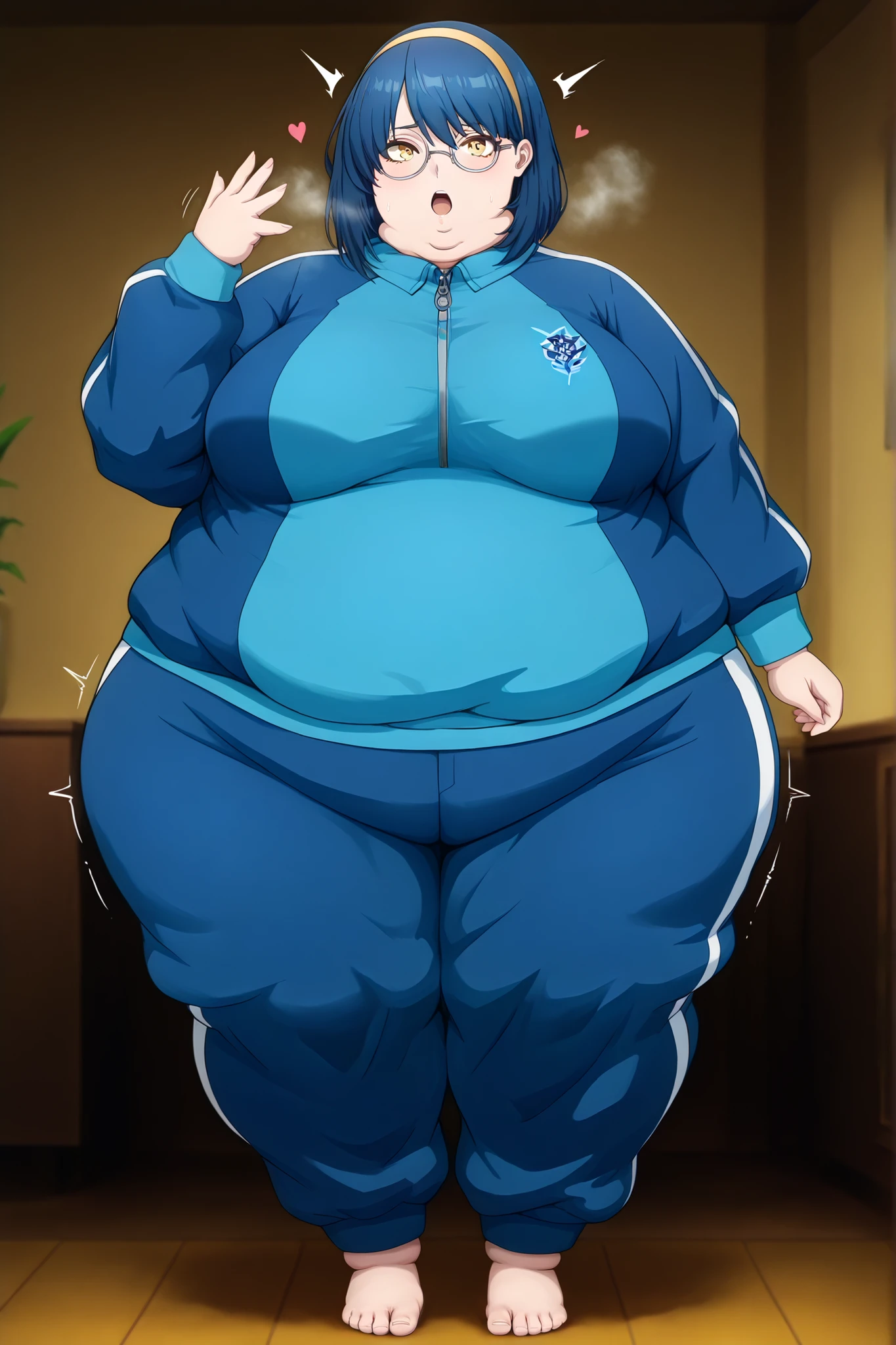 (masterpiece, ultra high definition, 16k, intricate), sharp focus, crisp details,
1girl, solo,
curvy, breasts, wide hips, female_orgasm, heart_shapes, twitching,
Umin, full body, medium hair, blue hair, bangs, yellow eyes, yellow hairband, round eyewear, glasses, mature female,
large breasts, fat, chubby, obese, fat neck, multiple chins, big breasts open mouth, out of breath, Larger female, full body shot, only head, large head, oversized limbs, large hands, large feet, oversized feet, oversized fingers, big lips, plump lips, fat face, fupa, big fupa, fat fupa, hunchback, <lora:Violet_Beaurgarde_Tracksuit_Pony:1> blue tracksuit , track jacket , blue pants, bedroom