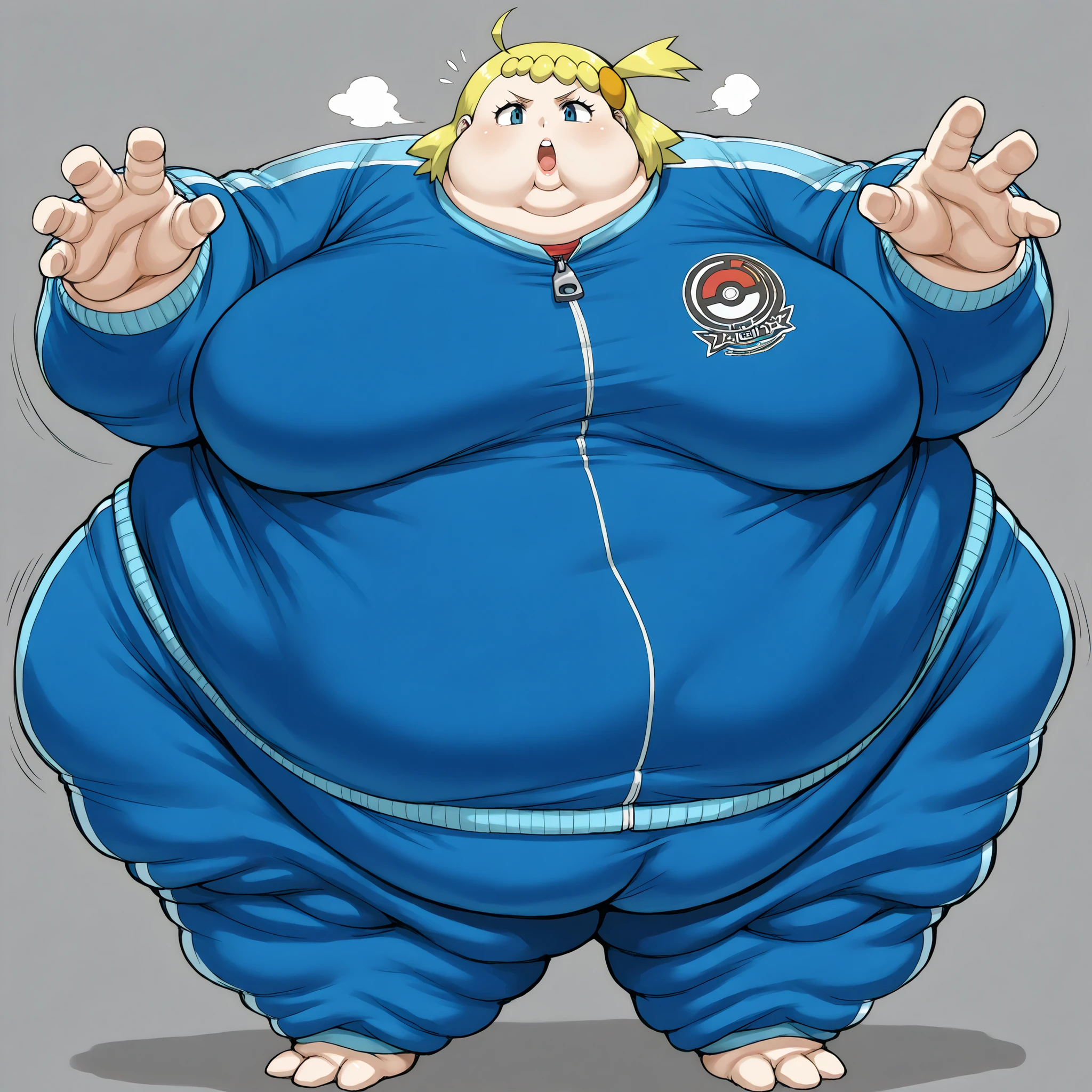 zzBonnie, bonnie_(pokemon), blue eyes, ahoge, blonde hair, hair ornament, short hair, side ponytail, <lora:Violet_Beaurgarde_Tracksuit_Pony:1> blue tracksuit , track jacket , blue pants, fat, chubby, obese, fat neck, multiple chins, big breasts open mouth, out of breath, Larger female, full body shot, only head, large head, oversized limbs, large hands, large feet, oversized feet, oversized fingers, big lips, plump lips, fat face, fupa, big fupa, fat fupa, hunchback, pubic hair, hairy, 