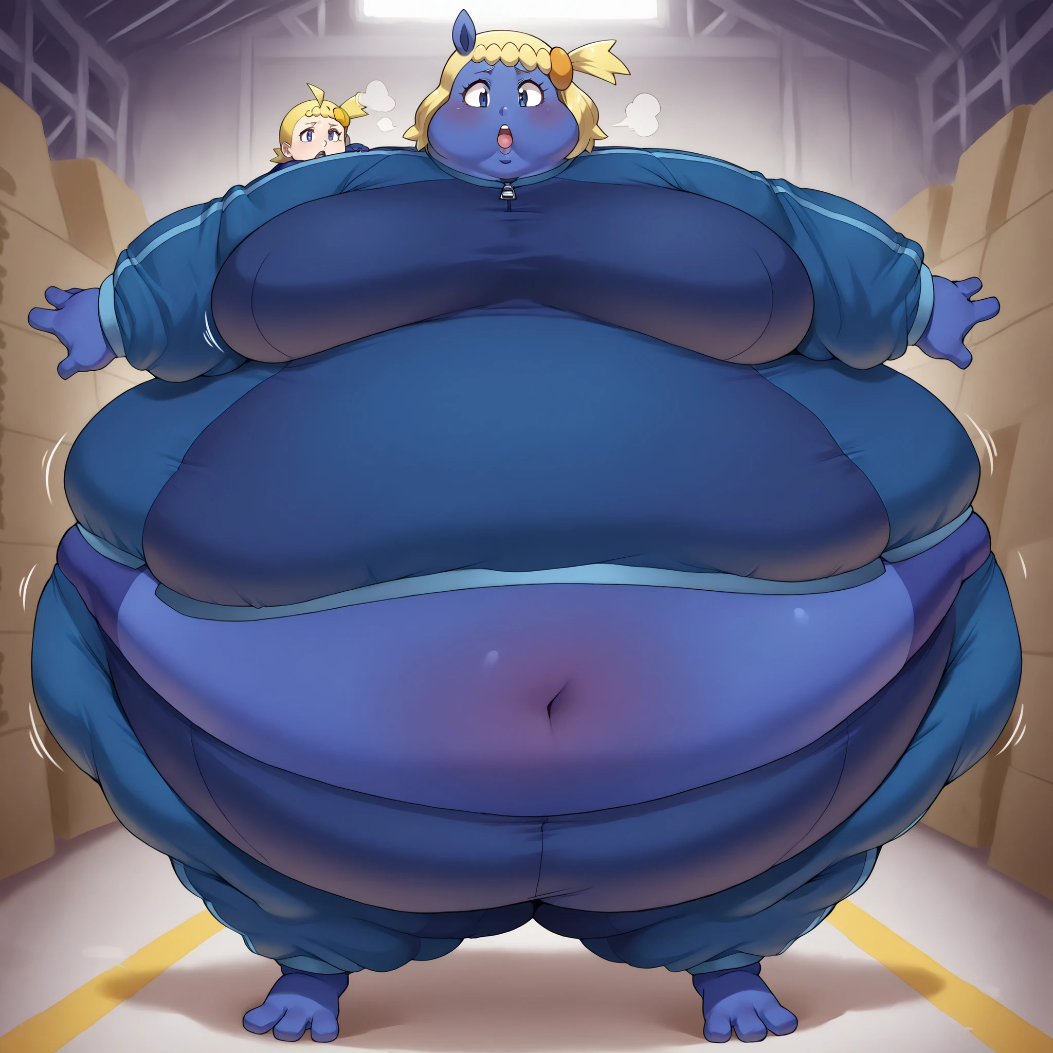zzBonnie, bonnie_(pokemon), blue eyes, ahoge, blonde hair, hair ornament, short hair, side ponytail, <lora:Violet_Beaurgarde_Tracksuit_Pony:1> blue tracksuit , track jacket , blue pants, fat, chubby, obese, fat neck, multiple chins, big breasts open mouth, out of breath, Larger female, full body shot, only head, large head, oversized limbs, large hands, large feet, oversized feet, oversized fingers, big lips, plump lips, fat face, fupa, big fupa, fat fupa, hunchback, warehouse, turning into a blueberry, blue skin