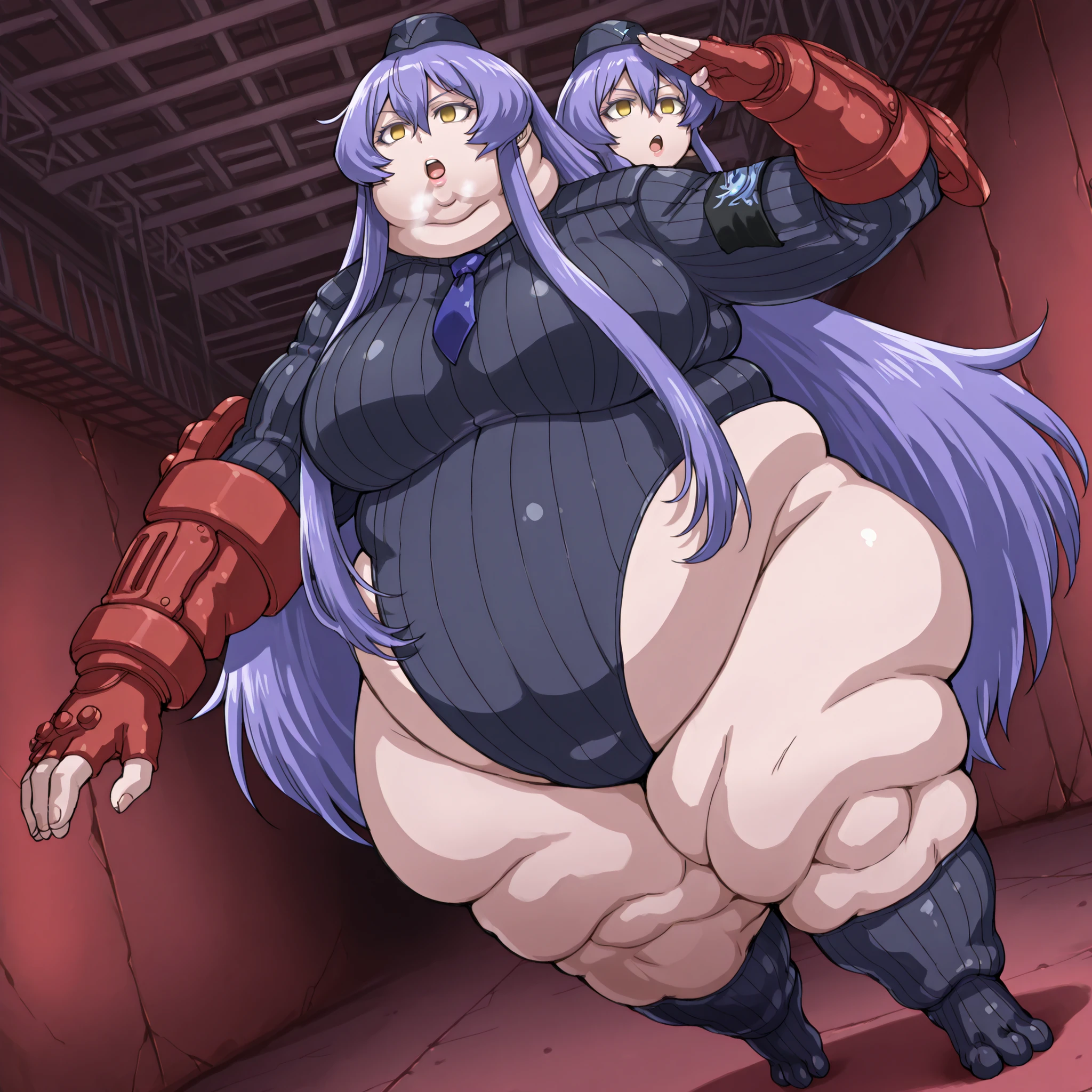 teltina-default,yellow eyes,purple hair,very long hair,sidelocks, large breasts, toned,Expressionless,empty eyes,shadaloo dolls, gloves, hat, standing, cowboy shot, fingerless gloves,black leotard, cosplay, highleg, highleg leotard, red gloves, salute, garrison cap, dark persona, ribbed leotard, necktie, dutch angle, dark hangar, big breasts open mouth, out of breath, Larger female, full body shot, only head, large head, oversized limbs, large hands, large feet, oversized feet, oversized fingers, big lips, plump lips, fat face, fupa, big fupa, fat fupa, 