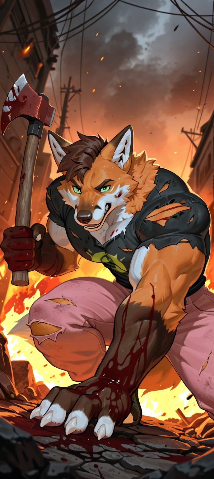 score_9, score_8_up, score_7_up, score_6_up BREAK furry, anthro, source furry, uploaded on e621 BREAK barcode tattoos on the body, (robot, android, mechabare:1.6, severed limbs, severed arms, broken abdomen, heavily damaged abdomen, destroyed abdomen, , amputee, dismembered, dismemberment, broken, damaged, heavily damaged, destroyed), solo, male, adult, extremely muscular, muscle, fox, red fur, white chest fur, short messy dark blue hair, detailed eyes, hard , cargo shorts, component, mechanical parts, mechanical component, lying, lying on the ground, leaning back to box, pile of trash, in the trash dumping ground, trash dumping ground background, angry expression, looking away, BREAK good quality, best quality, high quality, high definition, hd, 4k, 8k, masterpiece, intricate, extremely intricate, intricate details