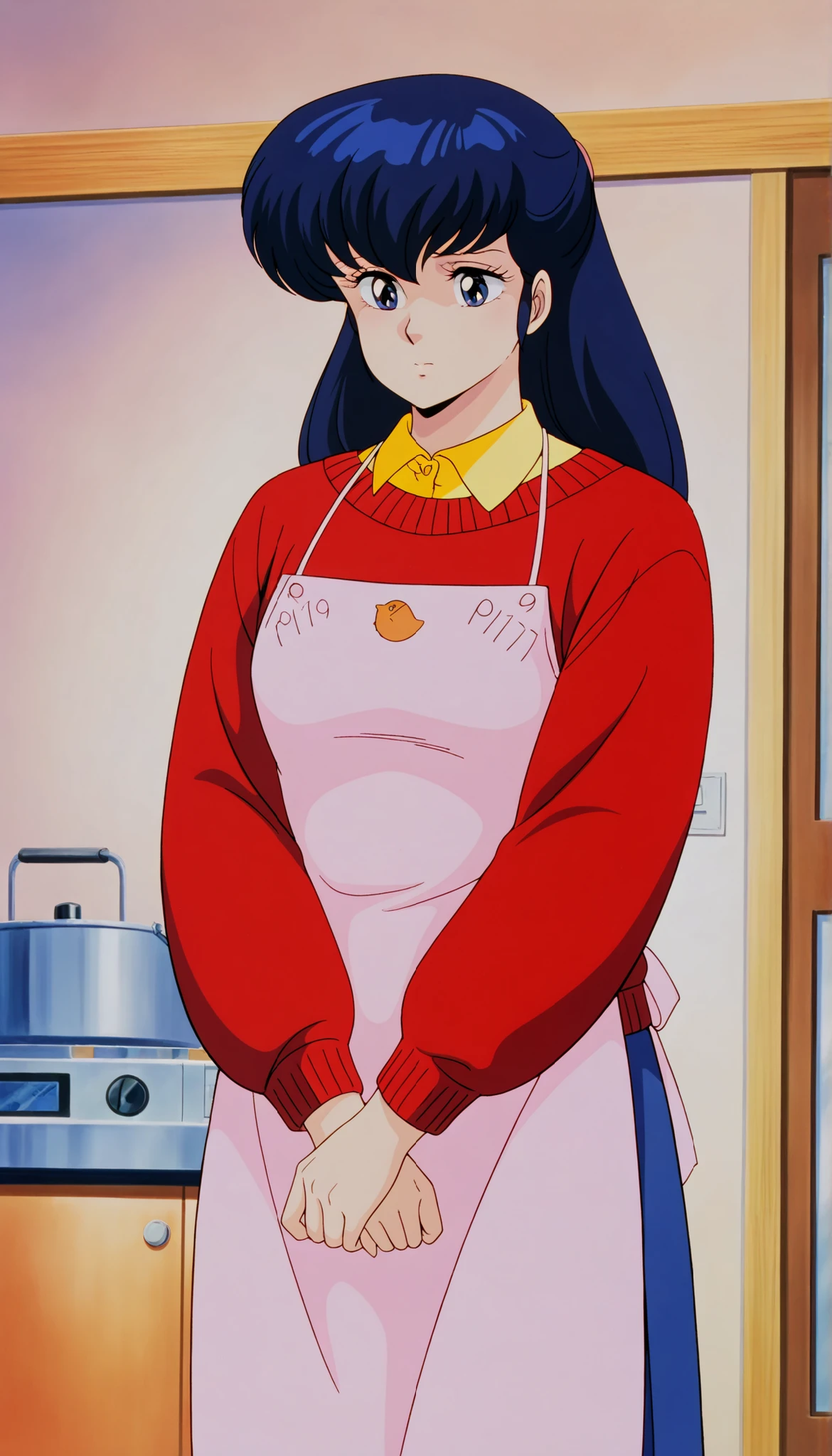 clean, {{scan}}, {{{masterpiece}}}, {{{high quality}}}, {{{animated}}}, anime colored, {{{official art}}}, perfect body, perfect face, extreme detail, perfect anatomy, intricate, retro 1980s, (highly detailed), solo, 1girl ,(beautiful details:1.3), perfect eyes, perfect hands, masterpiece,best quality,amazing quality,、otonashi Kyoko, blue hair, long hair,  ,  best quality ,  Good quality   , ,Alone, ,, red sweater, yellow shirt under red sweater, blue long skirt, Apron , A A feeling of tenderness and compassion ,compassionate_  , sad Eyes blue shinny , cute _  jealous  , solo. Facing toward viewer, Slim Figur 