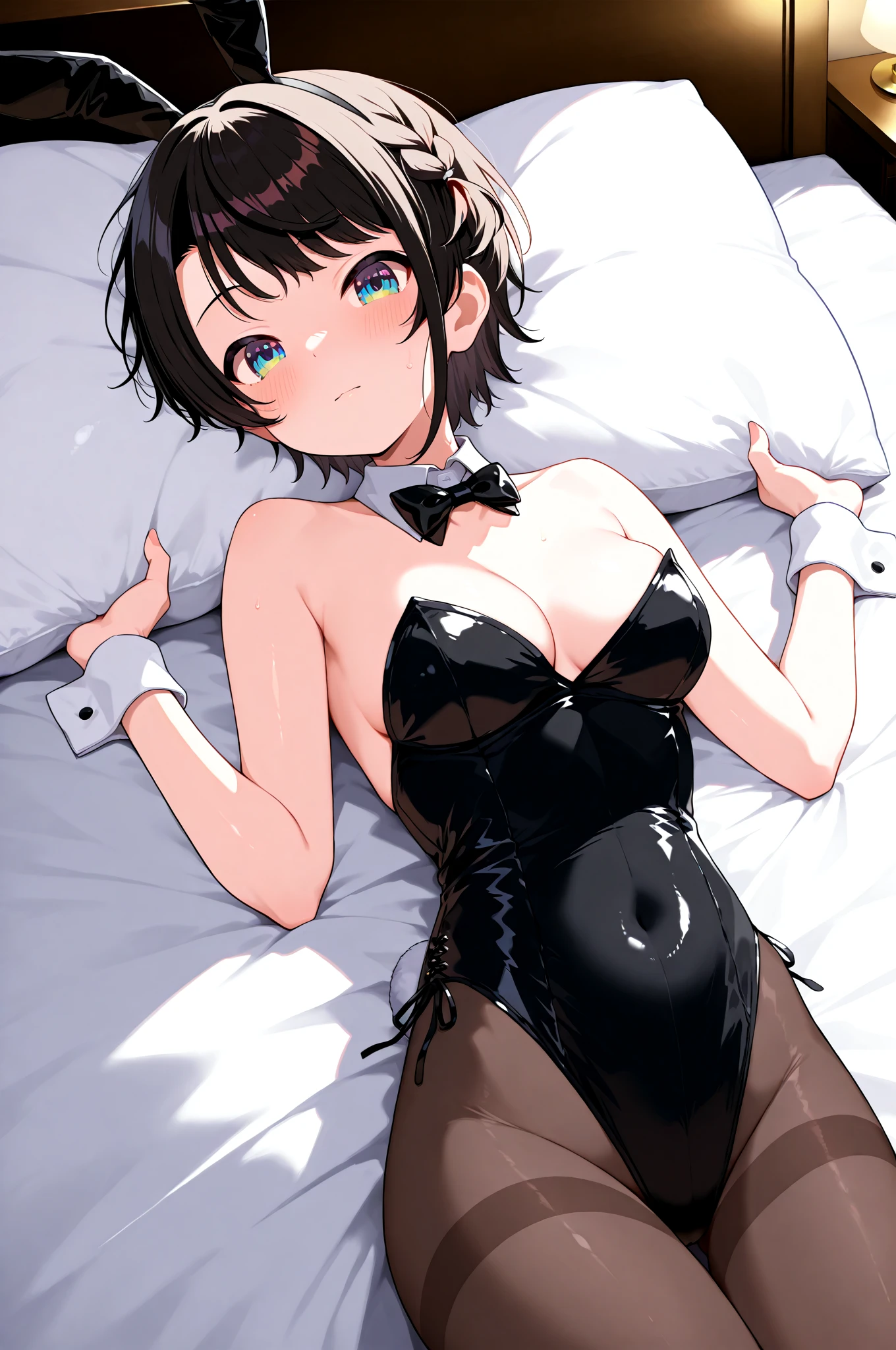 Short black hair，cat ear。manga girl。Tie your hair in bed，The appearance of just waking up。Wear a white suspender，Expose ????。