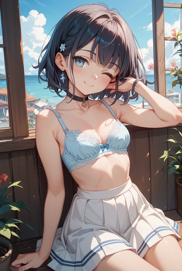 NSFW、with the best image quality、teenage girl standing in the room。in high resolution、beautiful details、quiet atmosphere。black hair two braids、cute smile.。small breasts、Cute floral white bra、Wearing white panties with a cute floral pattern。