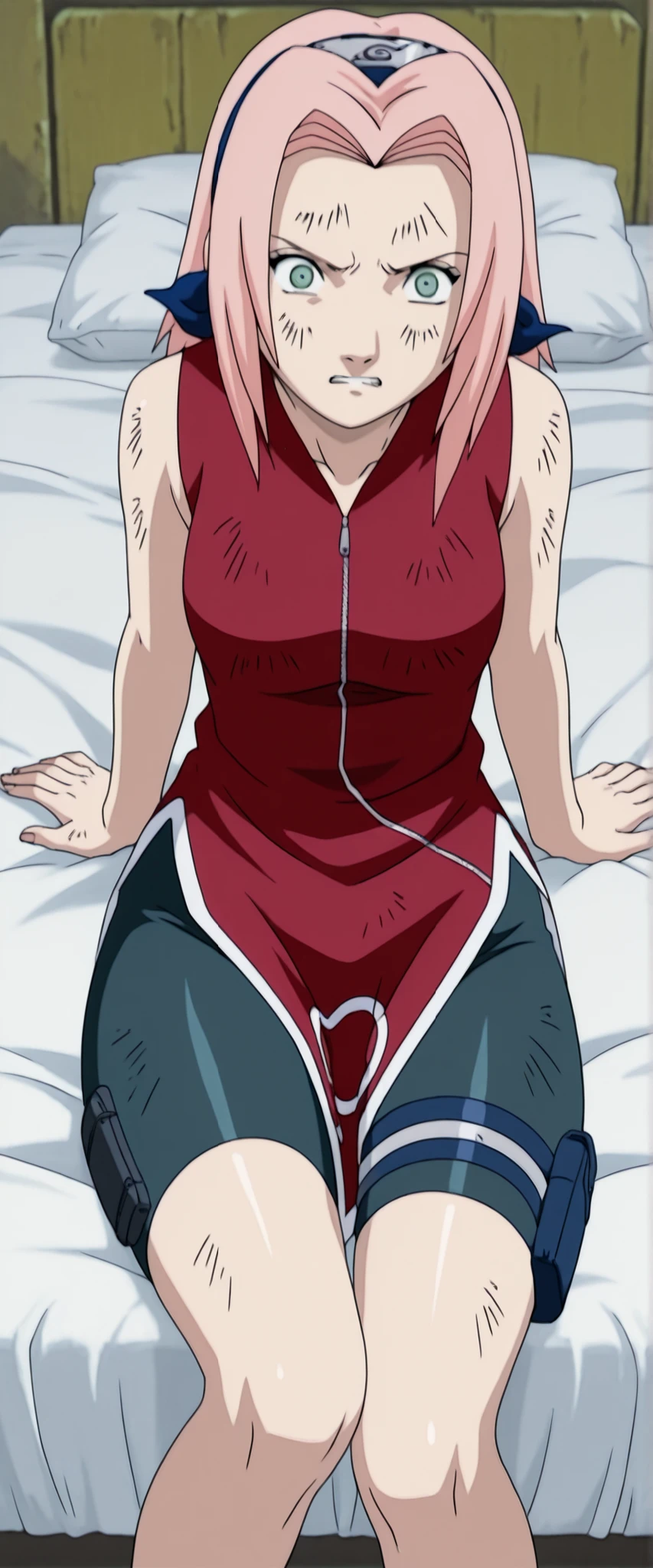 Haruno Sakura,1girl ,official,,bike shorts ,Fearful Expression, soft thighs, On bed