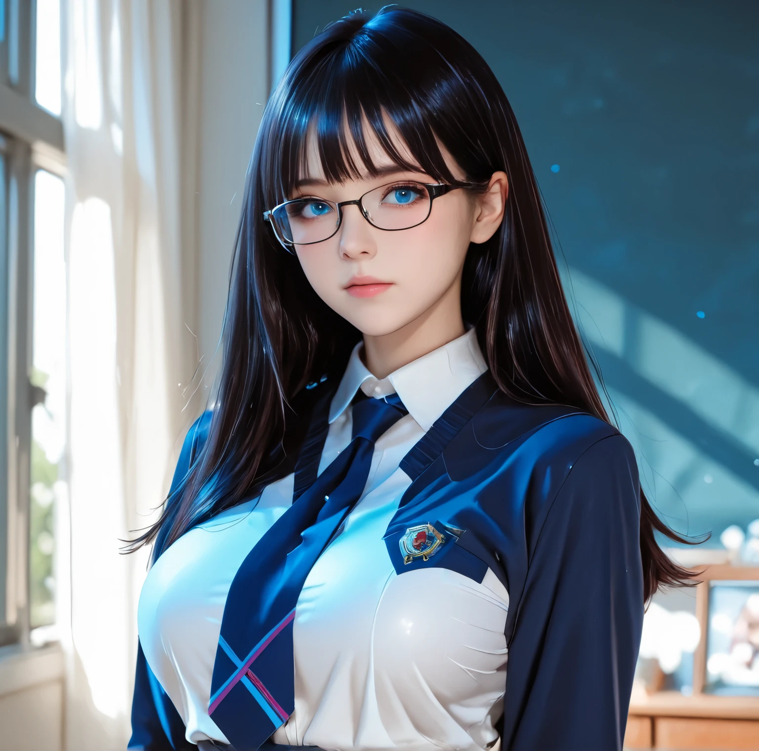 large breasts, 8K quality, portrait photography, One Beautiful Girl in School Uniform, (She is characterized by her beautiful blue eyes:1.2), dark haired, Thin waist, Glasses, Breasts So Big That Her Clothes Are Tight, She is characterized by her beautiful blue eyes from her waist up, motherly