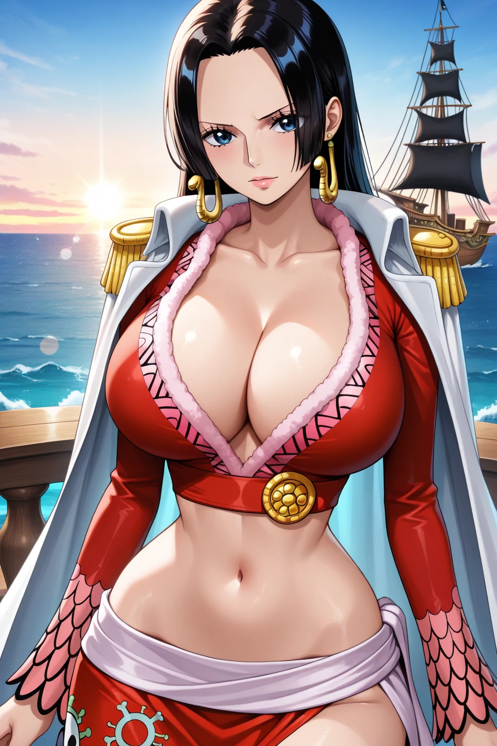 anime,boa Hancock wearing a red blouse, straw hat and snake shaped earrings, blue eyes, curly hair, big , red lipstick