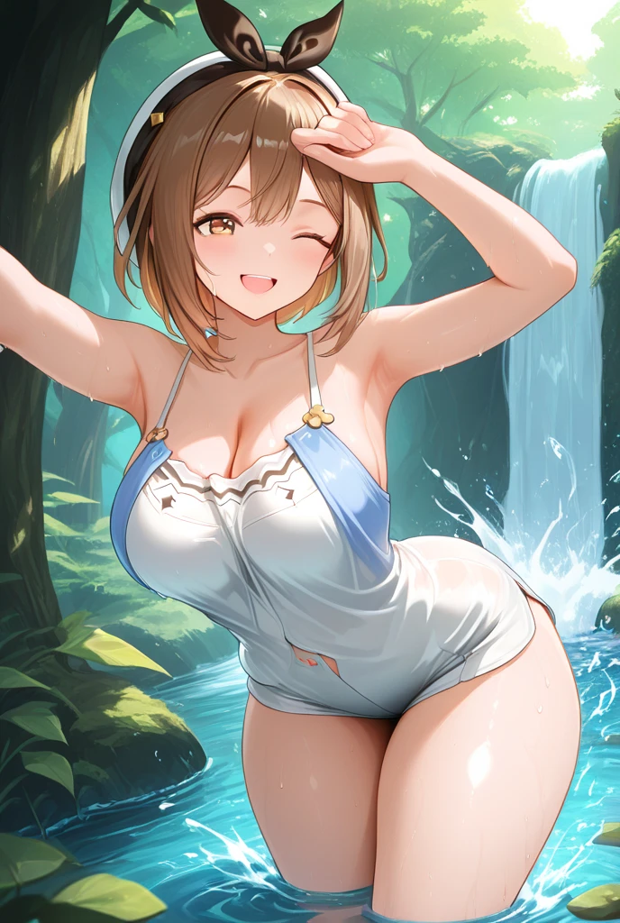 (masterpiece), best quality, (16k), expressive eyes, perfect face, lady, 1 girl, solo, large breast, navel, ((())), (((wet navy blue solid pencil ))),  arms,  legs, shiny skin, wet body, outdoors, in the waterfalls, wading, brown hair, wet hair, Lower ponytail, closed eyes, :), standing, (cowboy shot), ((from front)),