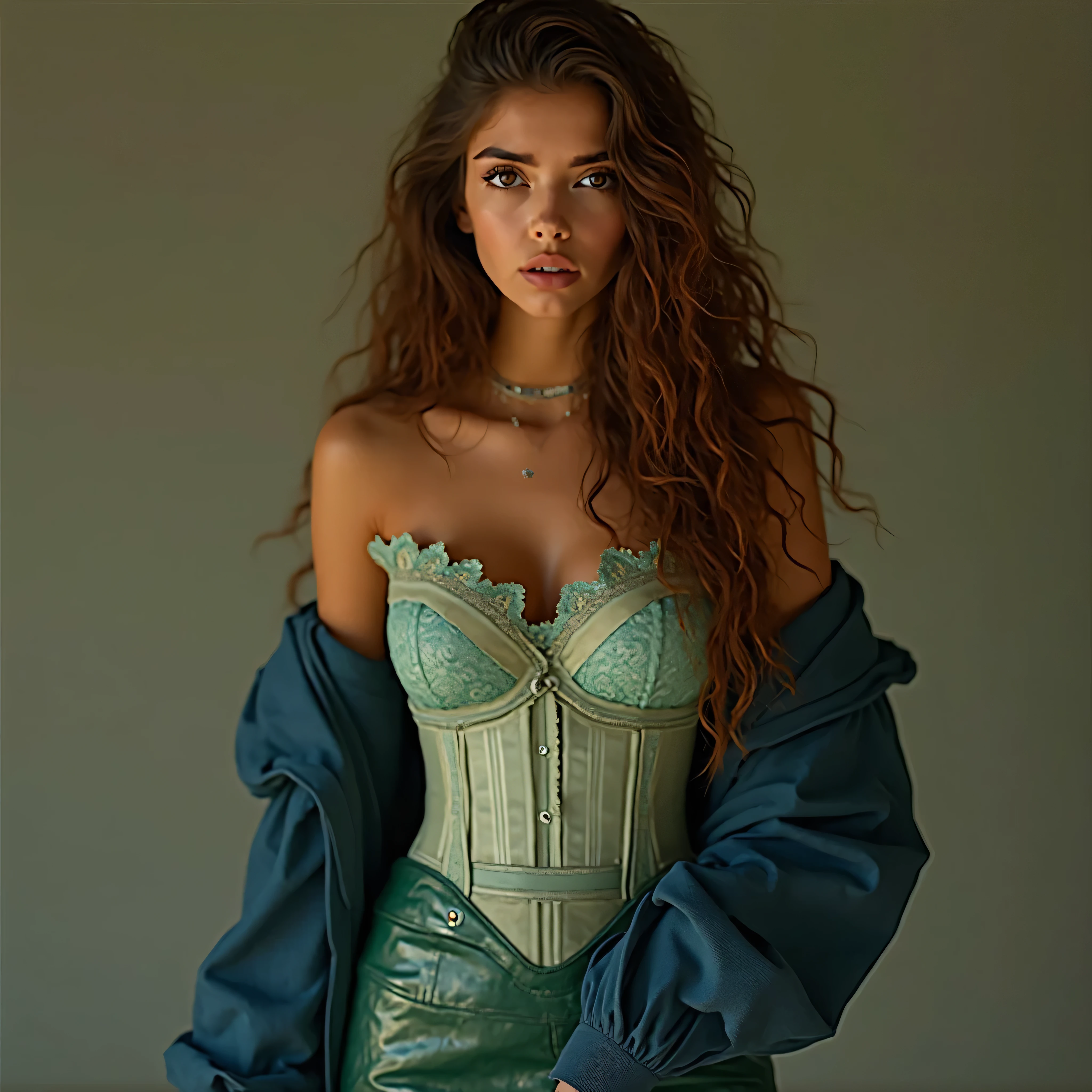 A realistic, high resolution photograph of a beautiful Maghreb woman in her 20's; full body frontal view facing the camera with her arms at her side, looking at the camera. There is extra space in the photo above her head. She has a luscious, hourglass, fashion model figure featuring medium rounded breasts with natural curvature, large hips, and a regular waist. She has very long wavy chestnut brown hair that falls past her breasts with a long sweeping side part. She has a perfect, heart shaped face, thin lips, a small nose, a short, bull neck, and ears that lay close to her skull. She has amber eyes and a swarthy complexion. Her lips are closed and she has a anxious expression. She is wearing a pastel green satin strapless corset with dull blue lace trim, an open dark blue hoodie, and a jungle green leather mini skirt. The hoodie is worn so that it completely covers both of her shoulders. Her breasts are well defined beneath the clothing and you can see some cleavage. There is no one else in the photo. There is extra space above the subject’s head and centered composition — suitable for magazine-style layout or cinematic framing.