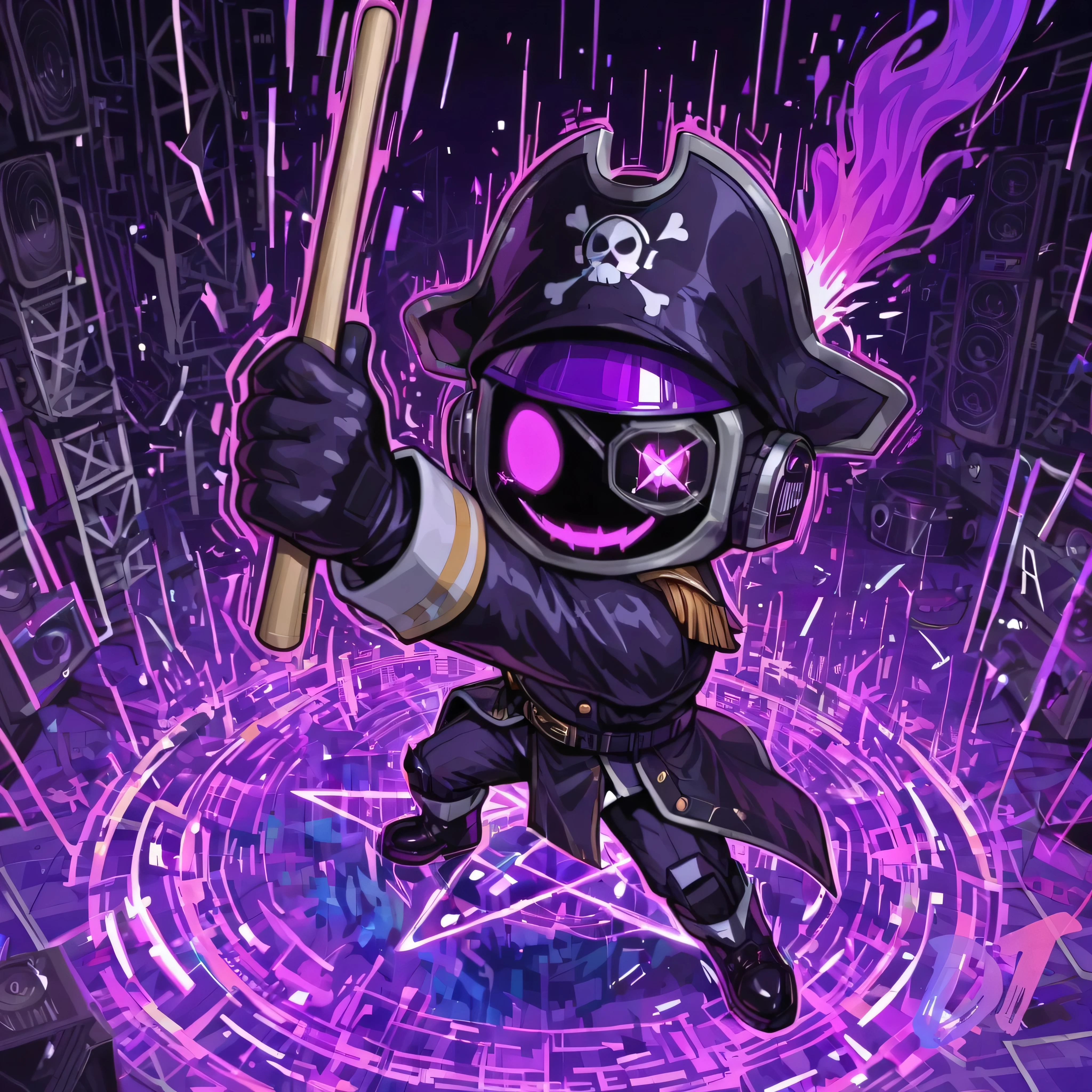 [The Horror Radio], (masterpiece, best quality:1.2), chibi style, 1boy, radio_head, expressive craze_face, glowing circle eyes, pink screen lights, glitch_face distortion, (high detail, sharp lighting), DROP scene: massive purple drum explosion erupting behind him, huge blast of neon-purple glitch energy bursting outward, shockwave lines ripping through the scene, floor cracking from impact, drum kit exploding into purple pixel fragments, snares and toms disintegrating, cymbals shattering into glowing shards, glitch-blood sparks flying, drumsticks clashing mid-air, wrapped in purple neon vibration, ultra-fast BPM energy visualized as streaks and digital wave pulses, violent motion blur, expanding glitch halo behind character, (purple glitch aura:1.3) radiating hard, pixel debris storm around him, robot_skin metal glowing from overload, pink + violet distortion leaking from screen edges, VHS tearing waves, analog glitch bleed in the air, pirate_hat shaking from shockwave, eyepatch illuminated in purple light, floating slightly above ground from explosion force, dynamic wide-angle POV for maximum drop impact, background: deep dark void with layers of purple fog, neon reflections on broken floor tiles, static storms swirling behind drum blast, cinematic tension, violent chase energy, (album cover framing:1.1), perfectly centered subject, no text, clean composition but explosive glitch chaos.