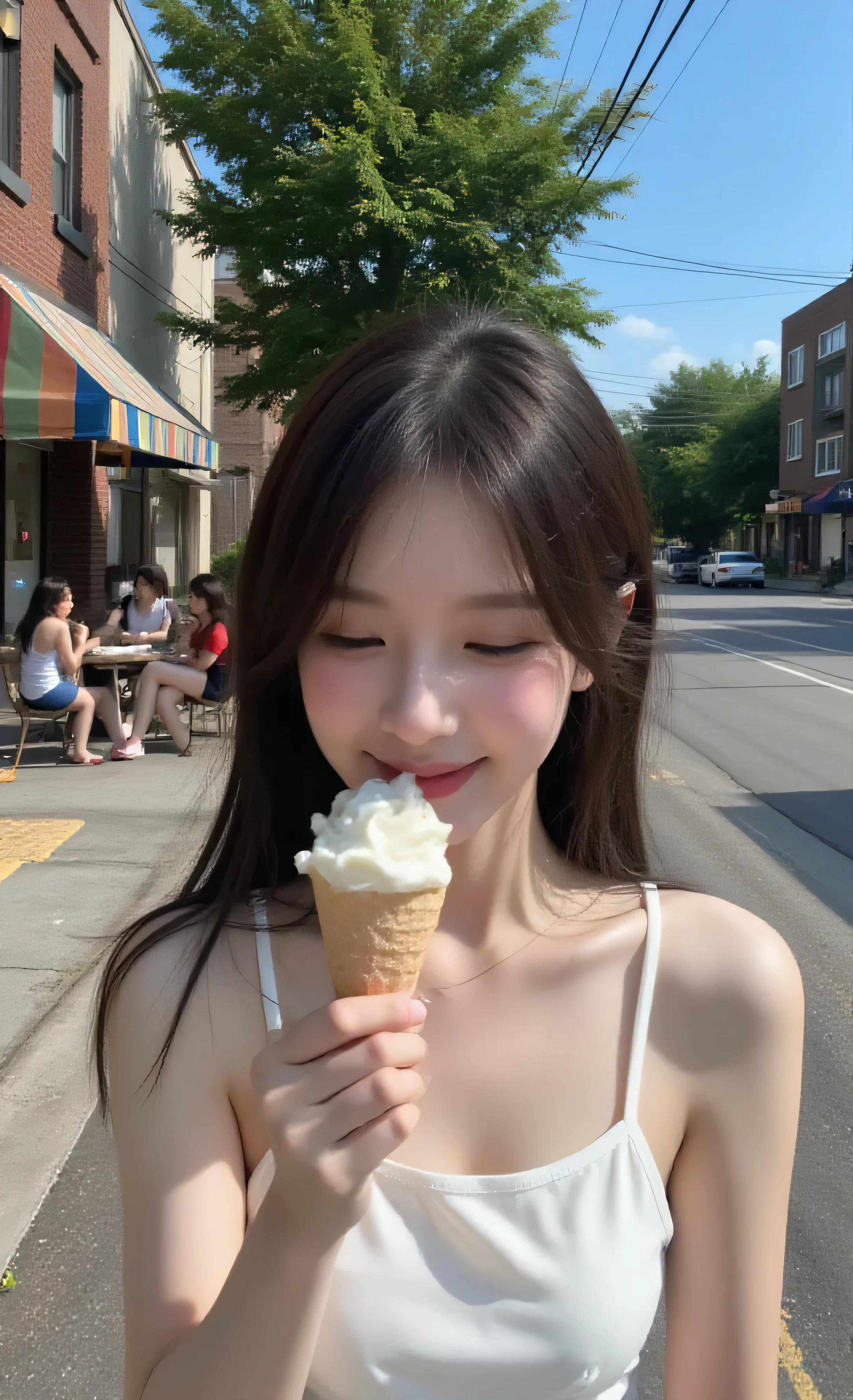 masterpiece, best quality, ultra highres, RAW photo, ultra-detailed, finely, detail, highres, 1girl, solo, teenage girl, natural makeup, genuine smile, candid expression, (smooth skin:1.1), nsfw,navel,naked,  pose: enjoying ice cream cone on summer day, mid-lick with eyes closed in flavor appreciation, free hand brushing hair from face in breeze, standing in relaxed posture enjoying simple pleasure, genuine smile between tastes, scene: neighborhood ice cream shop exterior, summer afternoon with perfect blue sky, other customers enjoying treats at outdoor tables, shop's colorful awning providing partial shade, neighborhood buildings creating backdrop, trees with full summer foliage lining street, natural summer lighting with vibrant colors