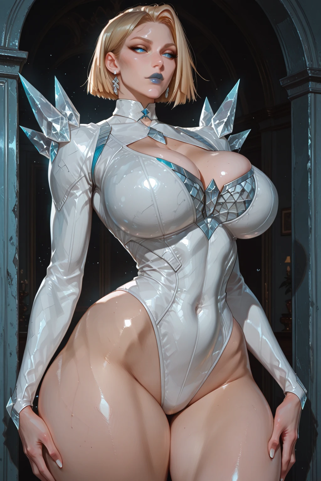 1GIRL, SOLO, (ssmile, makeup, beautifull eyes, red libs, white front bangs hair, gold ornament hair), (HUGE FAKE BOOBS:1.3), (GUARD ARM), (white, purple, blue, IN FUTURISTIC DRAGON ARMOR, GIRL IN MECHA CYBER ARMOR, ROYAL CAPE, CLEAVAGE, BLACK  HOTPANTS, HIGH HEELS:1.5), (SLENDER BODY, SEXY LONG LEGS, FULL BODY:1.5), (LOOKING AT VIEWER:1), (WALKING DOWN ON STREET NIGHT CHERRY TREES:1.3), PHYSICALLY-BASED RENDERING, ULTRA HIGHT DEFINITION, 8K, 1080P.