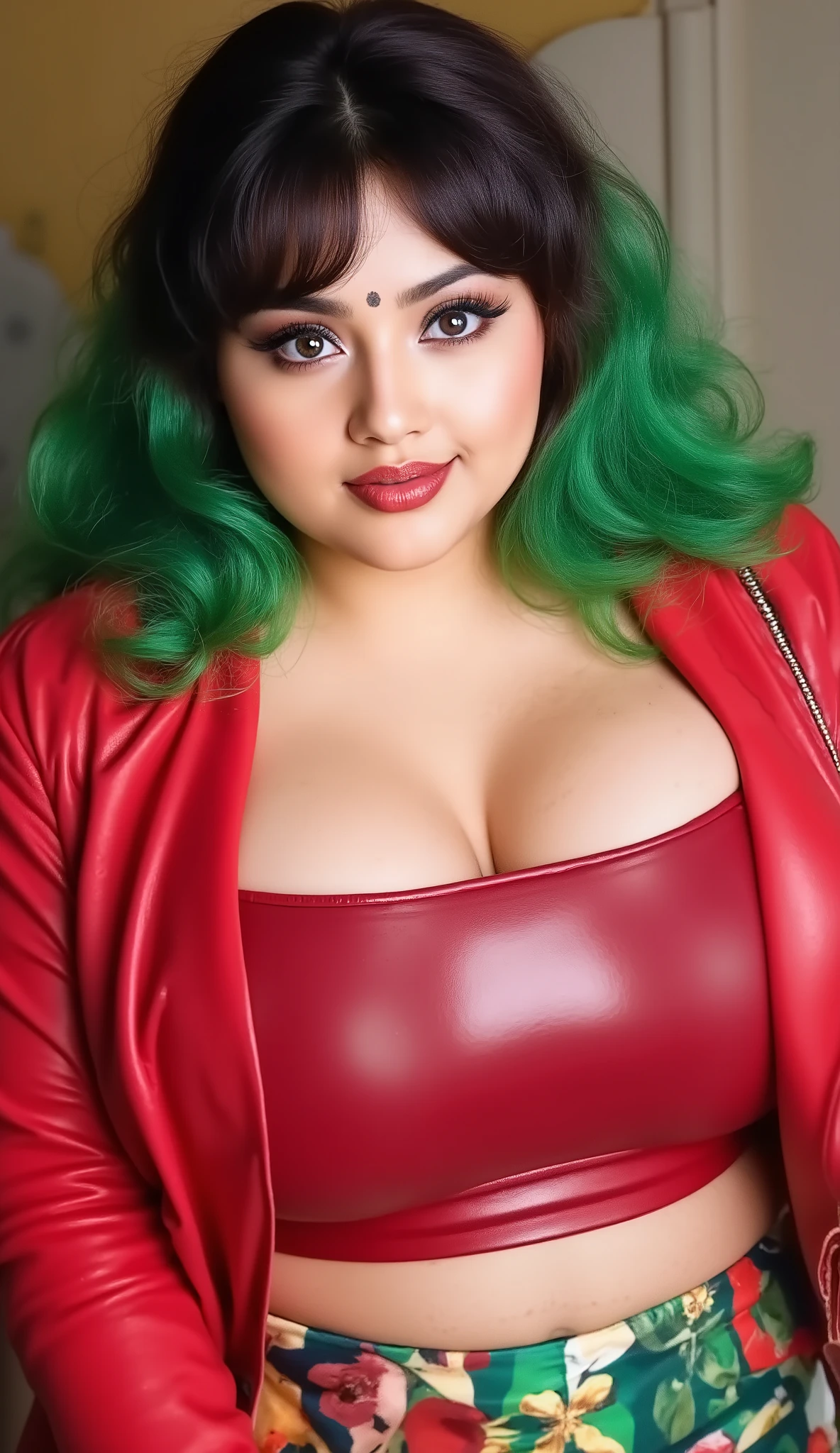 Angelawhitein a color full short jacket,((Tube top )),(colorful tight miniskirt),((latex costume)),,, showing her chest, ((Bimbo)) black and green mixd hair half body,wide curvy hourglass hips, thick thighs,wine red lips, looking at viewer,