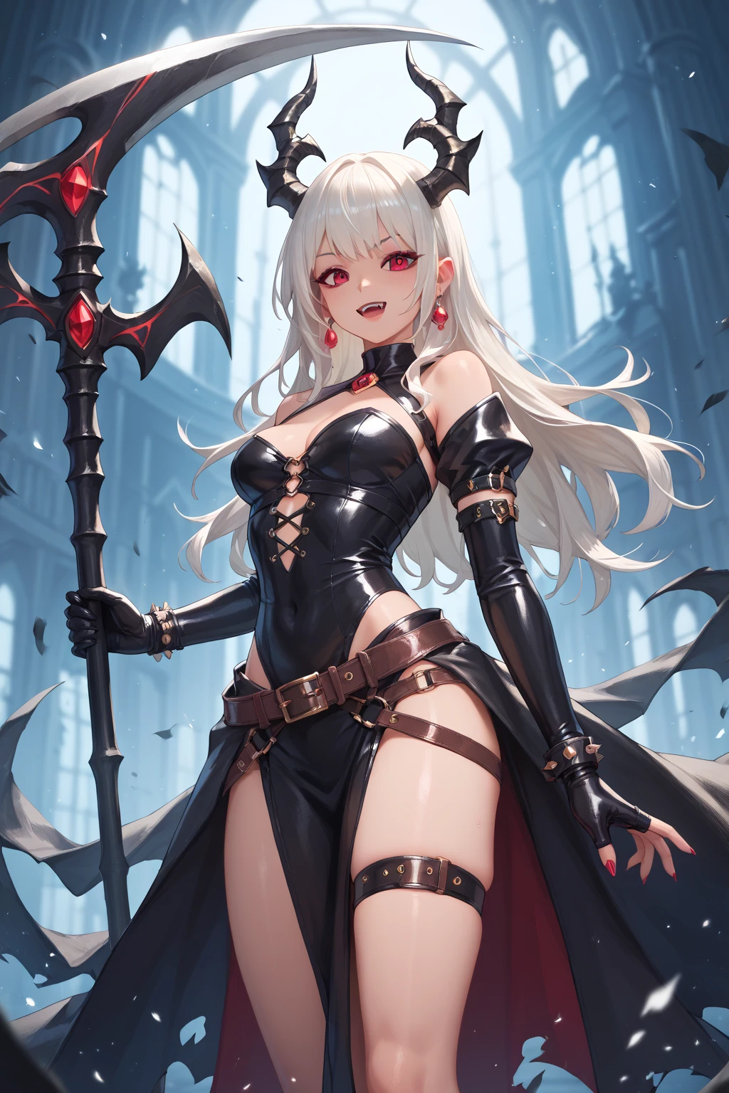 goblin girl, small girl, wide hips, pointy ears, huhe breasts, full body, standing, revealing clothes, ponytail haistyle