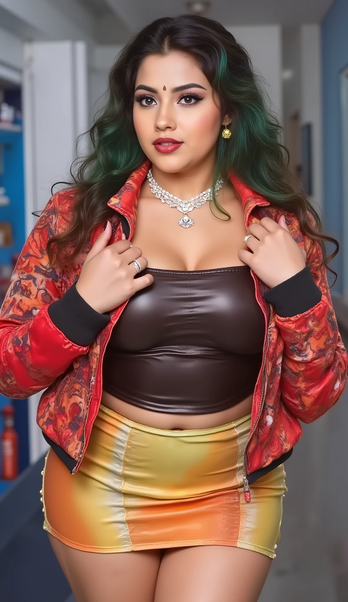 Angelawhitein a color full short jacket,((Tube top )),(colorful tight miniskirt),((latex costume)),,, showing her chest, ((Bimbo)) black and green mixd hair half body,wide curvy hourglass hips, thick thighs,wine red lips, looking at viewer,