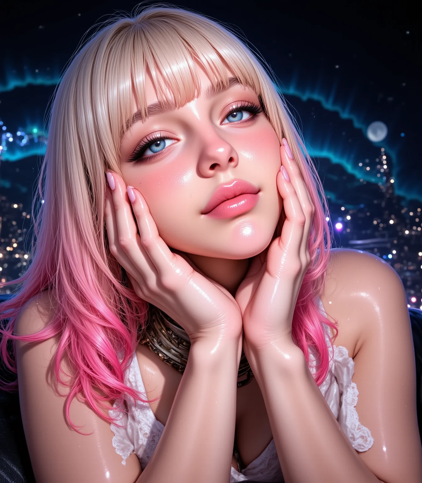 (best quality, masterpiece:1.2), photorealistic, ultra high res, intricate detail, Exquisite details and textures, (beautiful detailed eyes), reflections in eyes, symmetrical eyes, (beautifully detailed face), detailed lips:1, detailed iris, detailed skin:1, absurdres, dynamic angle, dynamic pose, sfw clothing, (1girl, 18yo, most beautiful, cute, (gorgeous face), eyeliner, blush,  big lips, long pink  hair, big purple eyes, slim waist, narrow shoulders, short torso, soft thighs), space  scene