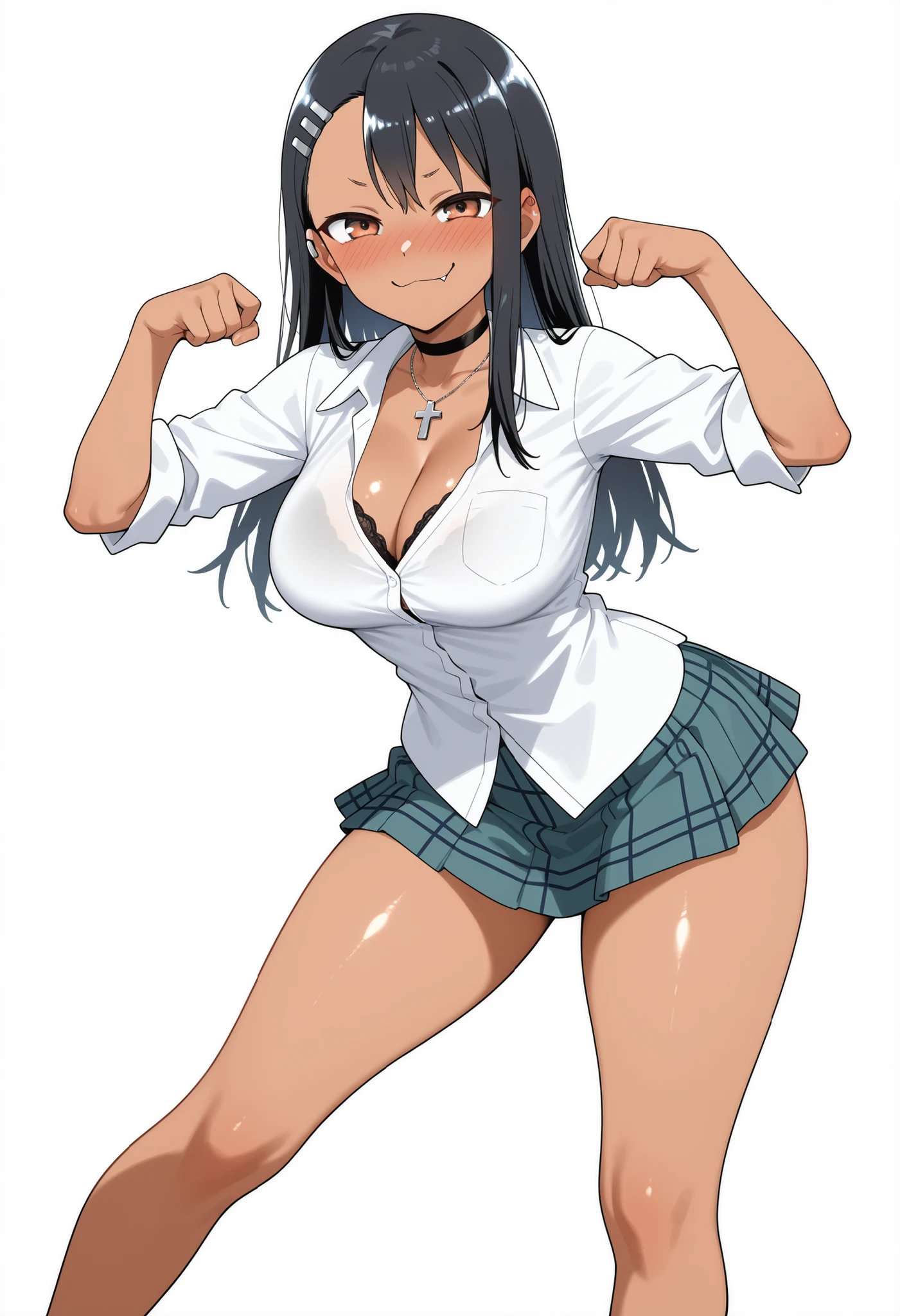 masterpiece, best quality, solo, curvy, beautiful eyes, looking at viewer, blush, smile, closed mouth, smug, smile, looking at viewer, shiny skin, nice legs, clear skin, clear body, clear hair, shiny skin, shiny hair, shiny legs, shiny body, nose blush, black hair, rounded breasts, thick breasts, white background, simple background, standing, nice legs, looking at viewer, SOLO, shirt, white shirt, plaid skirt, choker, cross necklace, bra peek, black bra peek, mini skirt, hayase nagatoro, long hair, bangs, black hair, hair ornament, brown eyes, hairclip, fang, dark skin, dark-skinned female, tan,, random pose, TOO MUCH CLEAVAGE
(Looking back :1.4)