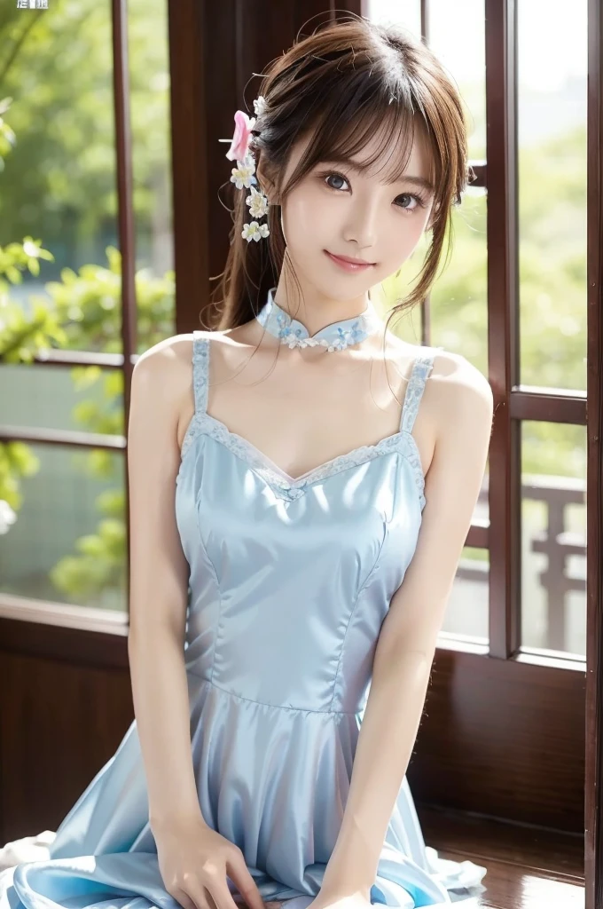 Arafed asian woman in a blue dress posing for a picture - SeaArt AI