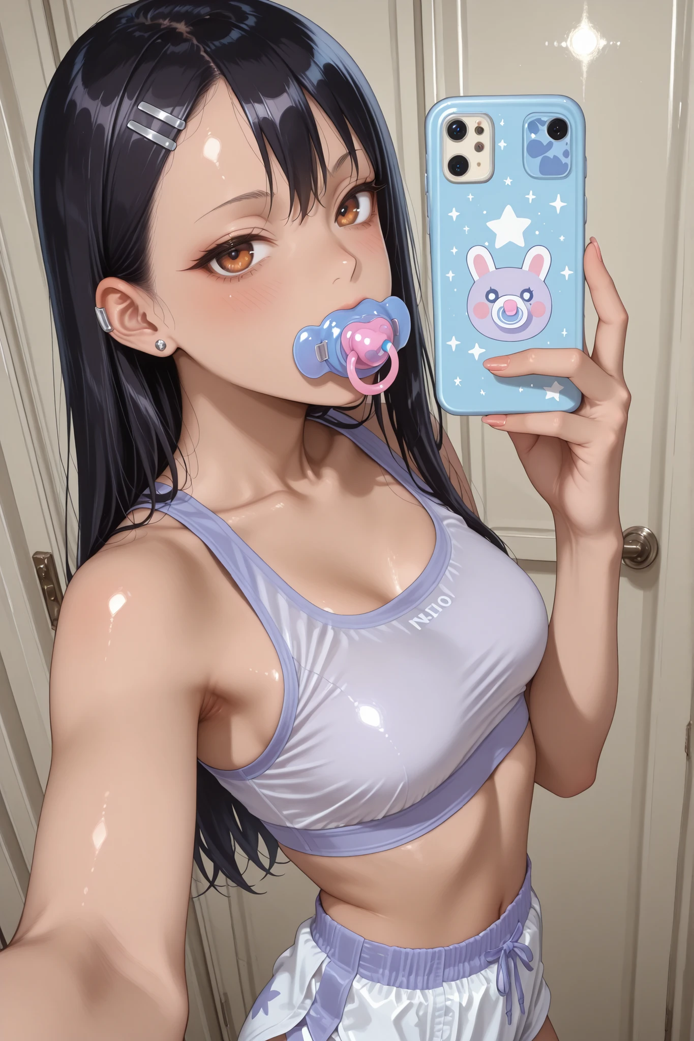 hayase nagatoro、sports bra、diapers、pacifier、rompers(selfie :1.4)