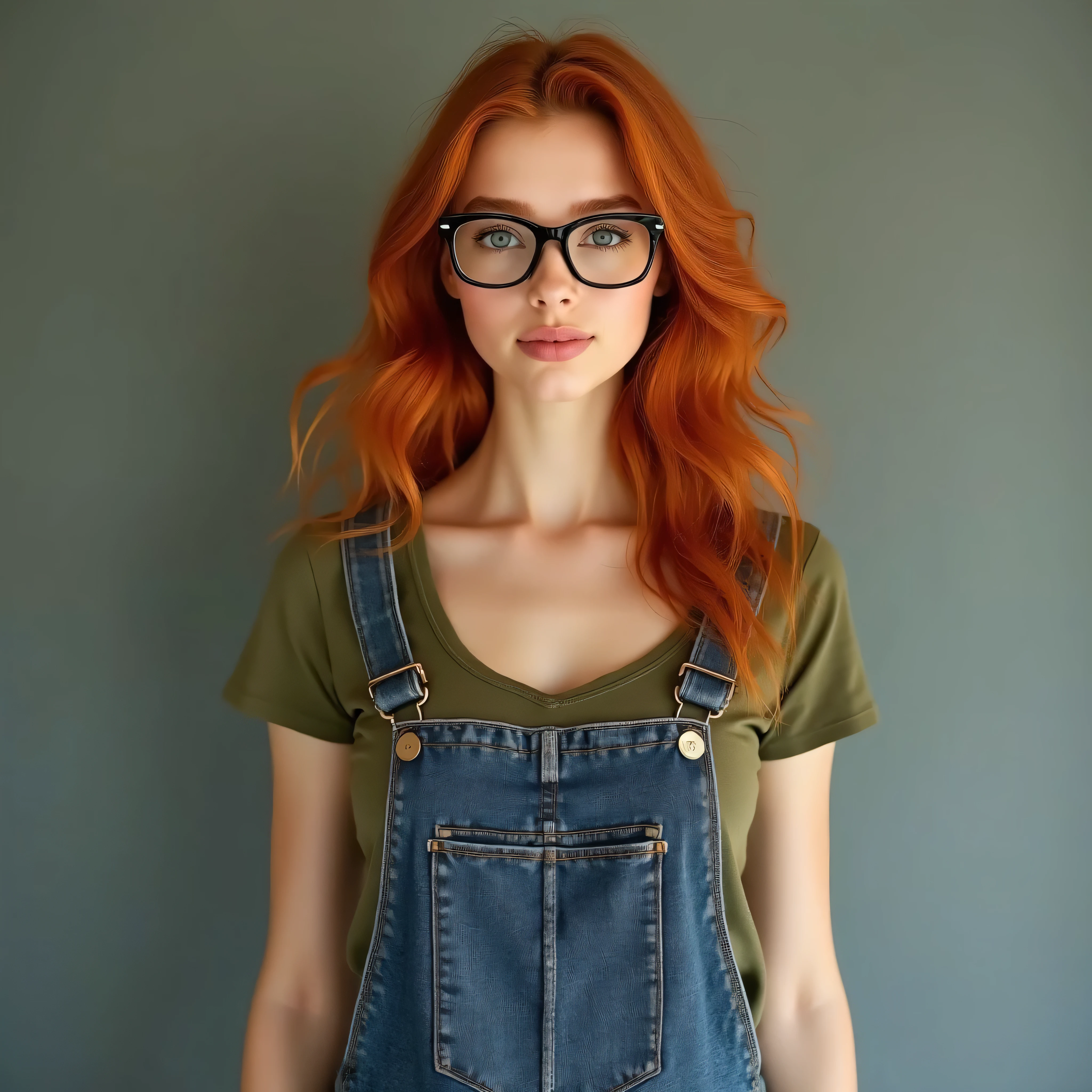 A realistic, high resolution photograph of a short beautiful Caucasian woman in her 30's; full body frontal view facing the camera with her arms at her side, looking at the camera. There is extra space in the photo above her head. She has a short, lithe fashion model figure featuring medium rounded breasts with natural curvature, medium hips, and a rslim waist. She has very long wavy carrot red hair with a middle part. She has a perfect, heart shaped face, thin lips, a small nose, a short, bull neck, and ears that lay close to her skull. She has blue eyes, an ivory complexion, and wears a pair of glasses with narrow cat's eyes frames. Her lips are closed and she has a amused smirk. She is wearing an olive green scoop neck t-shirt and a pair of farmer's overalls. Her breasts are well defined beneath the clothing and you can see some cleavage. There is no one else in the photo. There is extra space above the subject’s head and centered composition — suitable for magazine-style layout or cinematic framing.