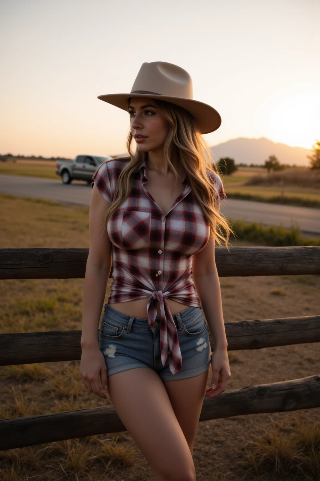 AJ Applegate in comic book panel, bold lineart illustration comic, green eyes, parted lips, perfect body, tan skin, A beautiful woman wearing a red knotted plaid shirt, denim shorts, narrow waist, navel, barn,busty, 