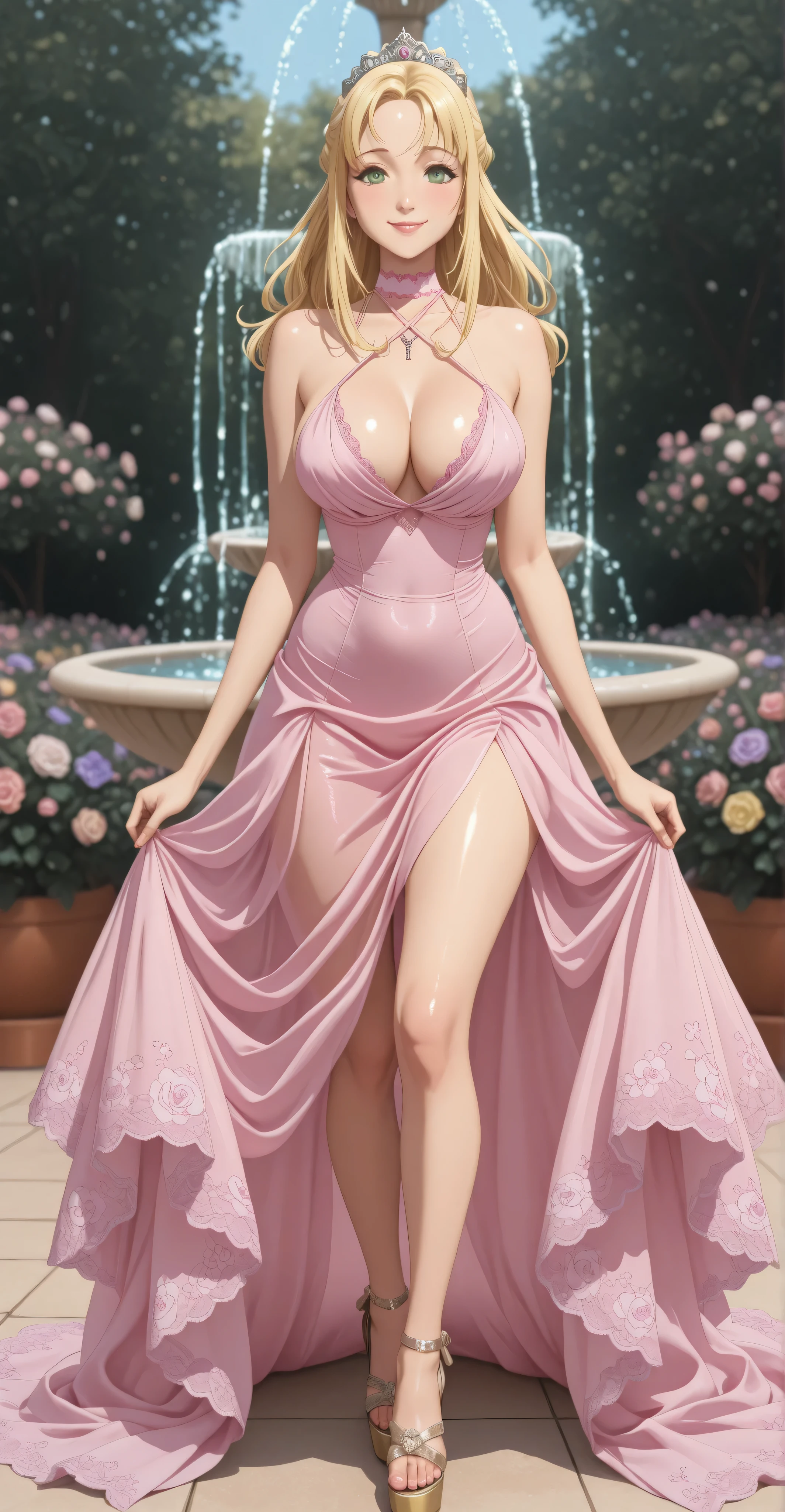 A beautiful 18-year-old woman,  perfect, too beautiful, quite attractive. [Liliana S.B Heilight]. perfect fair skin. Beautiful shiny golden blonde hair of the best quality. Long hair with elegant hairstyle and princess tiara. green eyes. thin lips. curvy body. She wears a luxury Dress. Satin purple cocktail dress. sleeveless, cross halter neckline with floral trim, pink lace choker. Wear high heel sandals with translucent platform. Standing in a garden of diverse flowers with fountain. hands on the sides, open legs, looking at the spectator with a flirty expression and a slight smile. Anatomia  perfect.